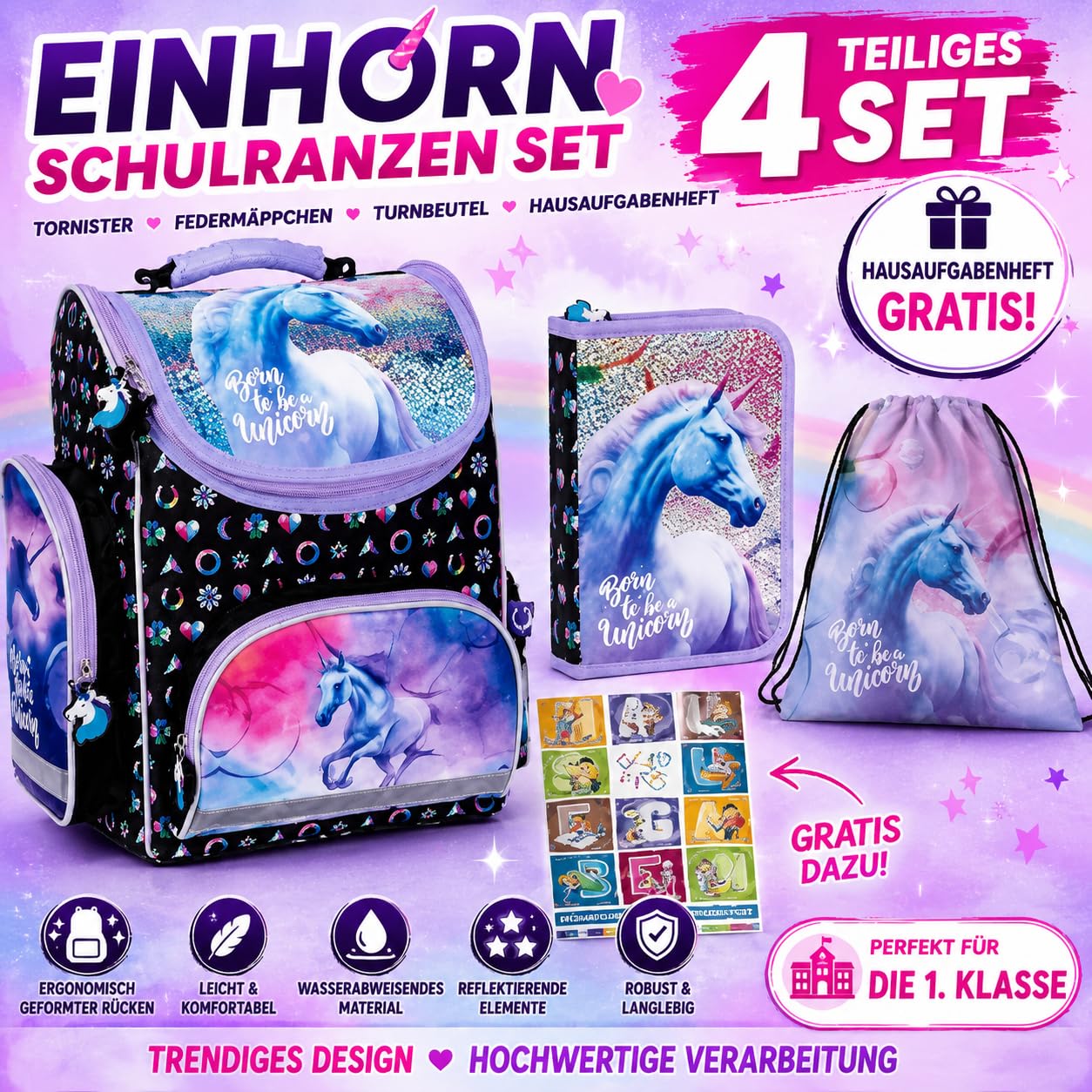Goldkids - Mochila escolar para niños y niñas, juego de 4 - Mochila escolar para niños con bolsa de zapatos, estuche con equipamiento- cuaderno de deberes - diseño de unicornio - 1-3 clases, Juego de