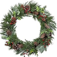 Vista 9 de Corona de Navidad preiluminada para puerta delantera, corona verde decorada con conos de pino, racimos de bayas, ramas de ajuste abundante, coronas