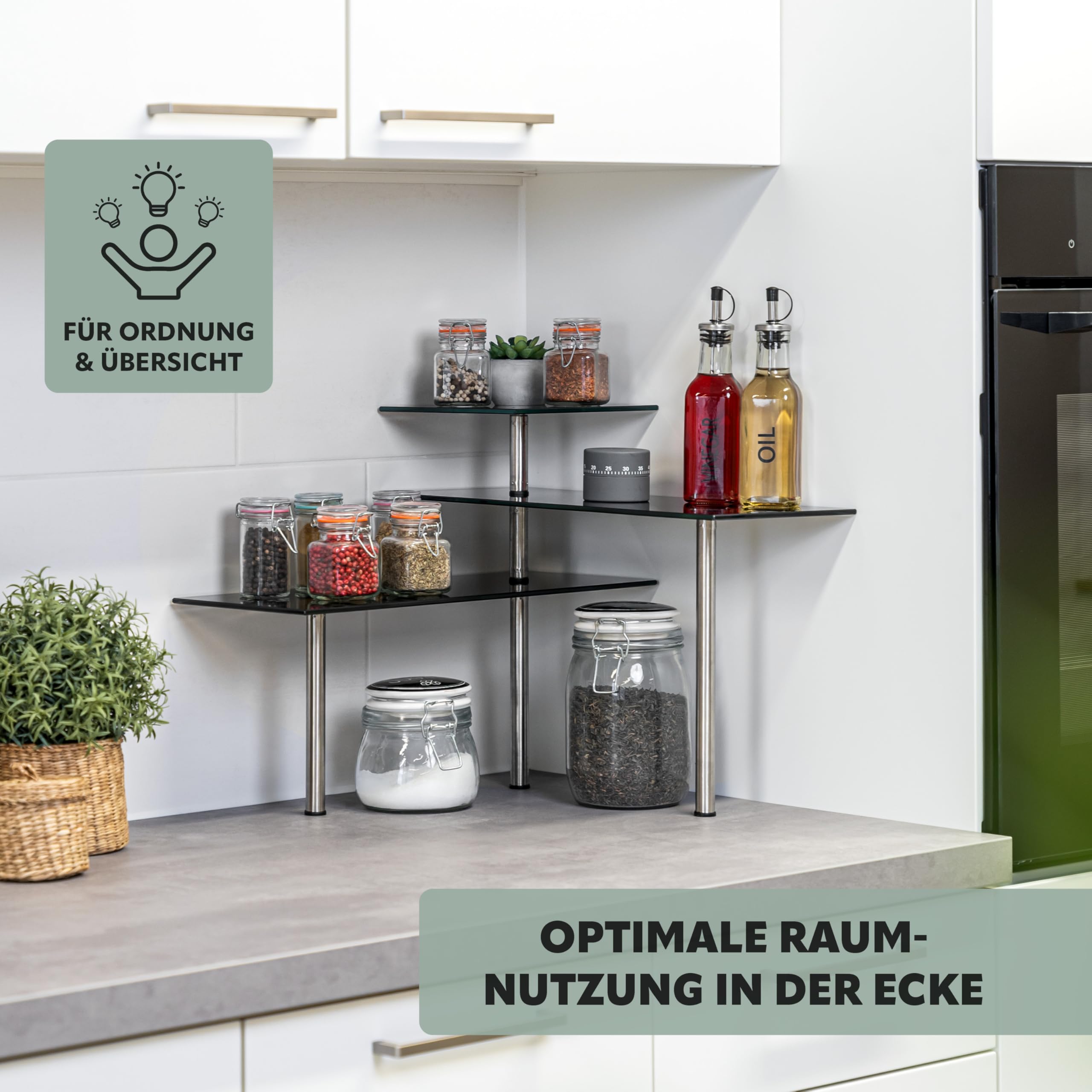 bremermann Scaffale angolare in vetro, scaffale per la cucina in vetro e acciaio inox (Nero)