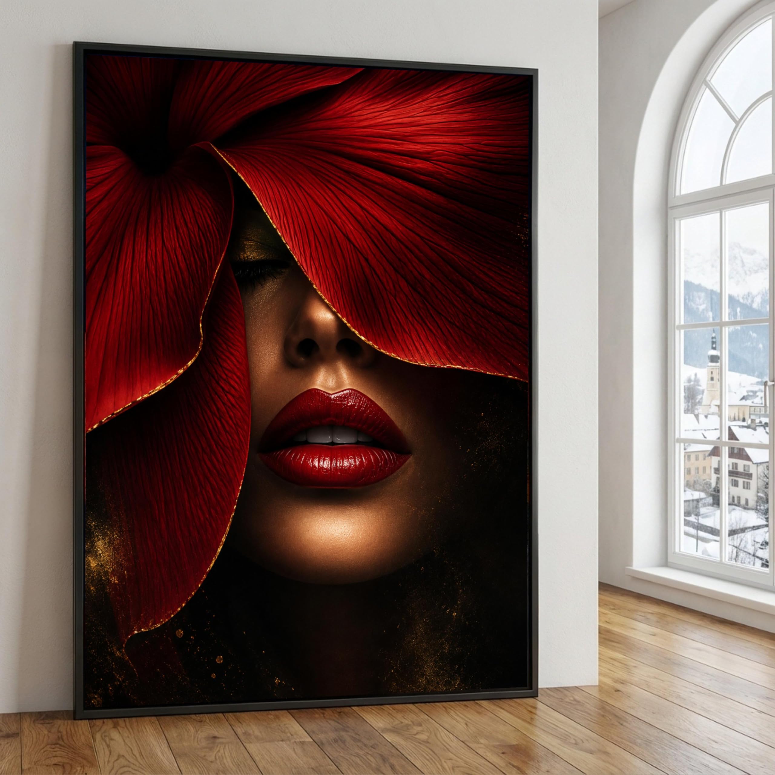 TONGYINLI Red Flower Posters Canvas Print, Woman Portrait Wall Art, Modern Luxury Bedroom Decor Painting(80x120cm/Frameless)