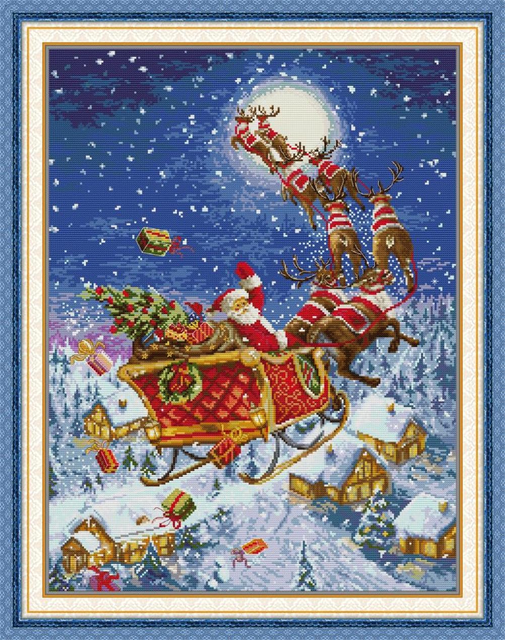 Meecaa Cross Stitch Kits 14 Count Stamped, Santa Carriage Elk Moon Embroidery Kit with Accessories Pre Printed（46×59CM (Santa Claus)