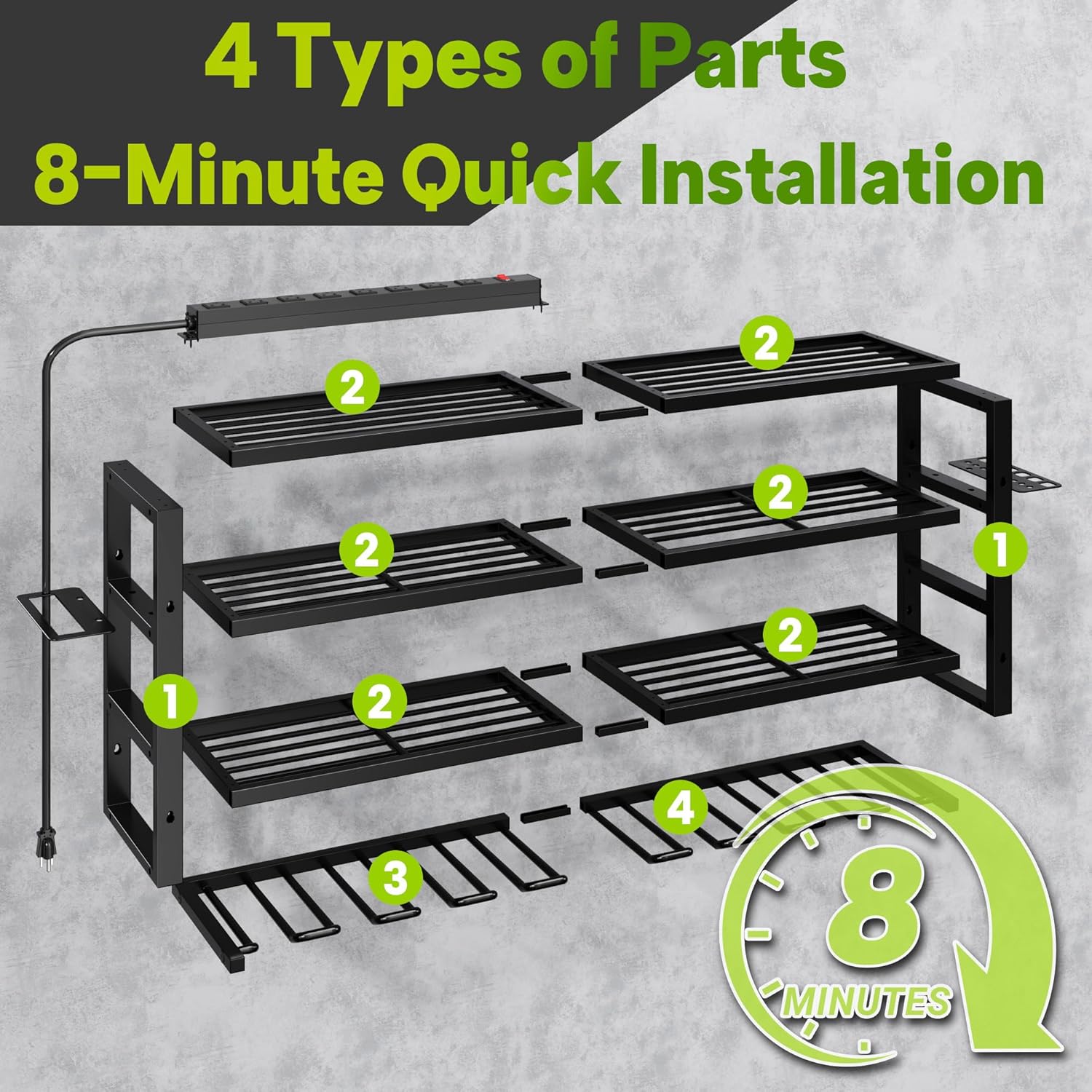 Large Power Tool Organizer Wall Mount with Charging Station, 8 Outlet Power Strip, 4 Layers 8 Drill Holder Heavy Duty Metal Tool Storage Loads 420lbs with Screwdriver Holder, Utility Racks for Garage
