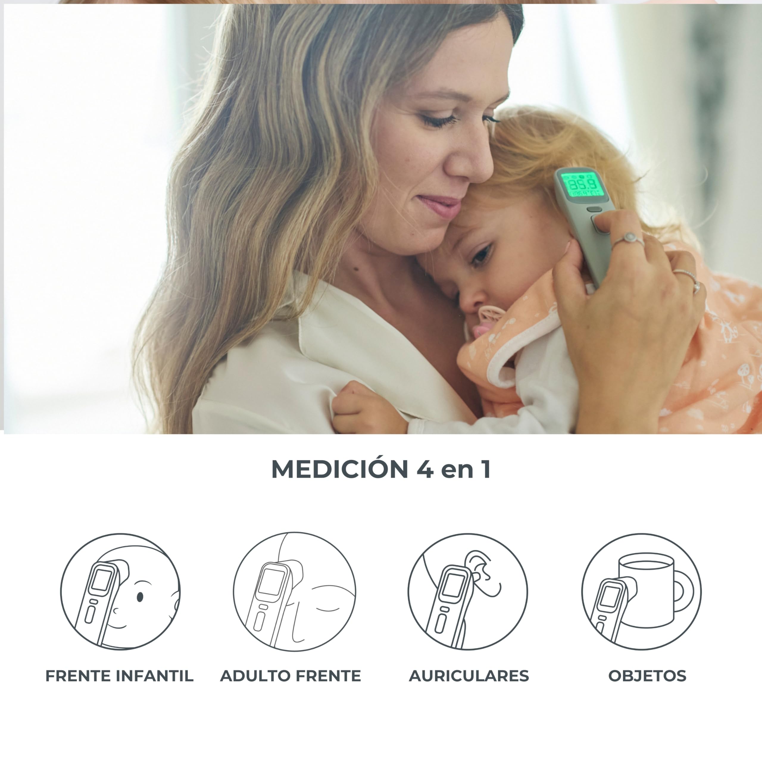 Nuvita 2075 Termómetro digital de frente y oído - Lecturas rápidas en 1 segundo, 4 modos, memoria avanzada y alarmas precisas