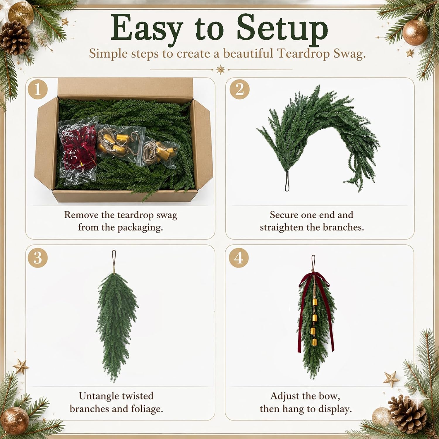 2 Pcs 36" Christmas Teardrop Swags Faux Norfolk Pine Greenery