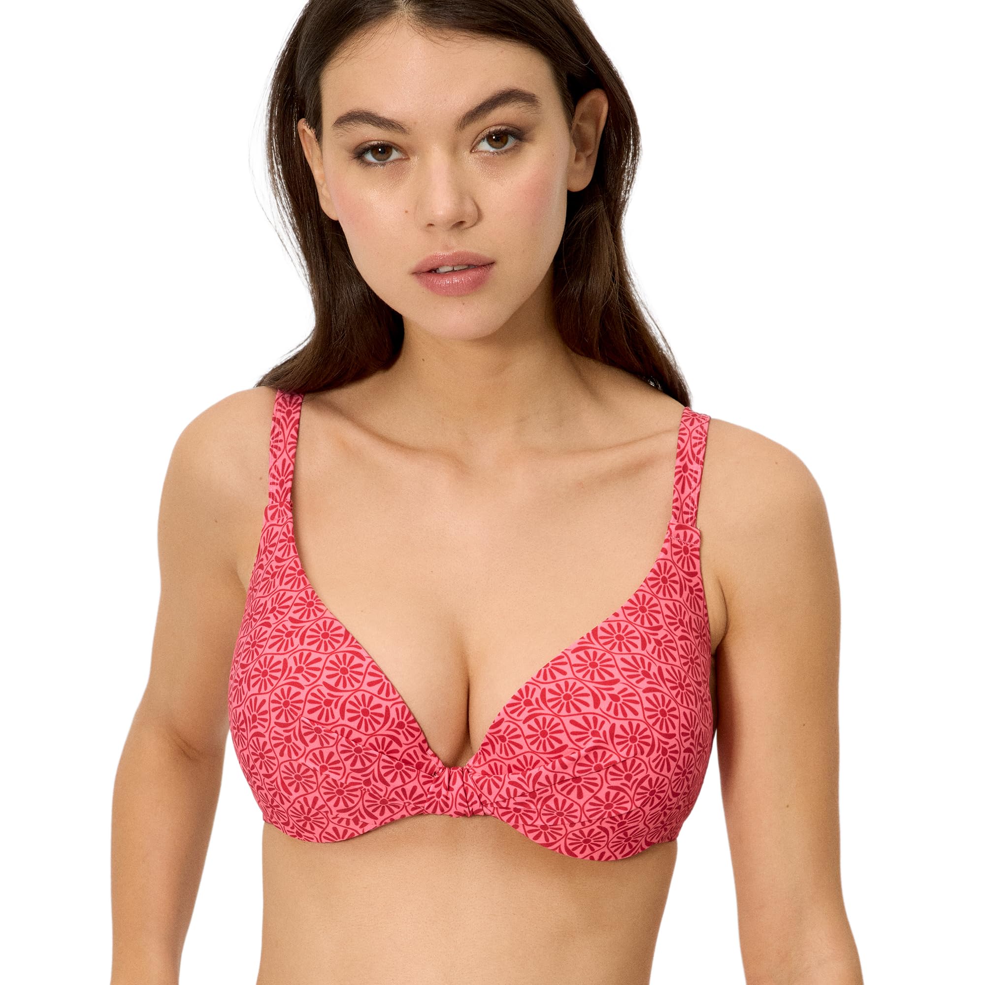 YSABEL MORA. Top Bikini Flores Rosa y Rojo Copa C. Top Aro Copa C. Sujeción Clásica con Aro y Relleno Fijo Optimizada con Tirantes Anchos para Copas Mayores .Colección Cherry.