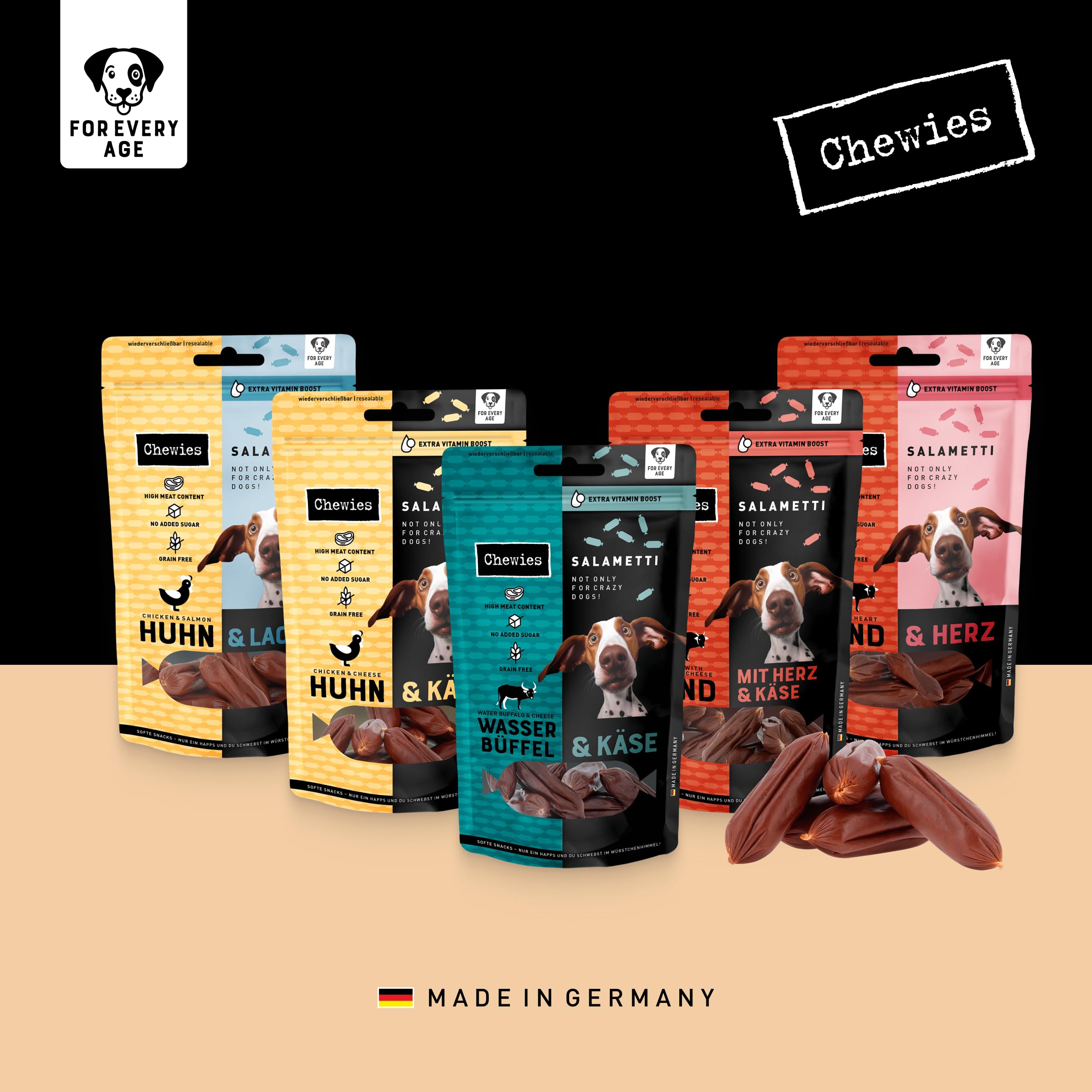 Chewies SALAMETTI Rind & Rentier- Hundeleckerli getreidefrei, mit Protein, ohne Zucker & schonend luftgetrocknet, reich an Vitaminen & Mineralstoffen (8 x 200g)
