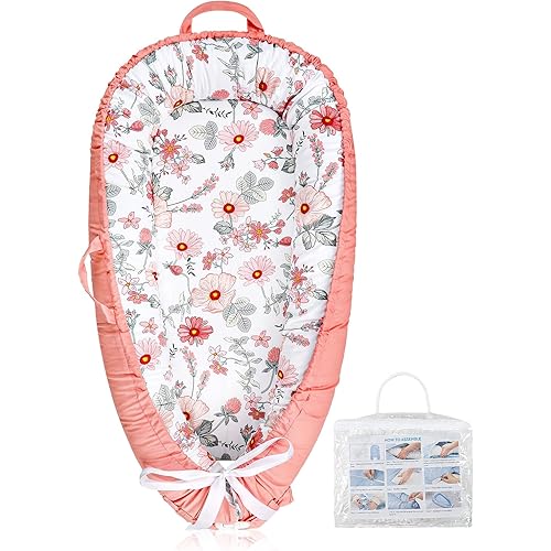 Baby Lounger Pillow with Organic 100% Cotton Newborn Lounger Replaceable Cover,Infant Floor Lounger for Ultimate Comfort, Soft & Breathable Infant Nest Backup for Baby Girls, Pink