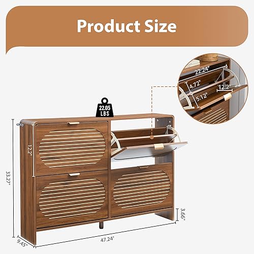 Miniatura 2 de Armario estrecho de almacenamiento de zapatos para entrada con 4 cajones abatibles, armario de zapatos de borde curvado con panel de rayas