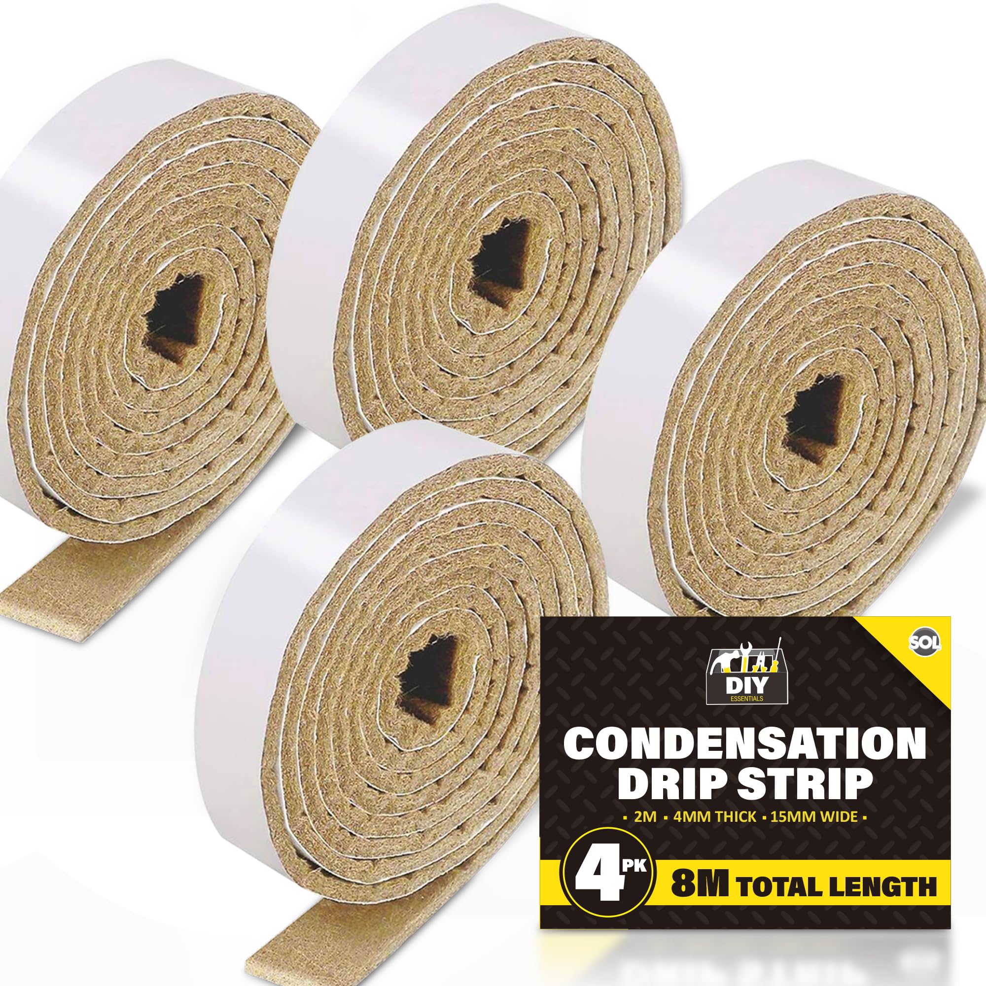SOL 4pk Condensation Drip Strip 2m x 15mm Absorbent Tape for Window Moisture Control and Indoor Damp Prevention Ideal for Frames Sills Glass Panels and Everyday Home Protection