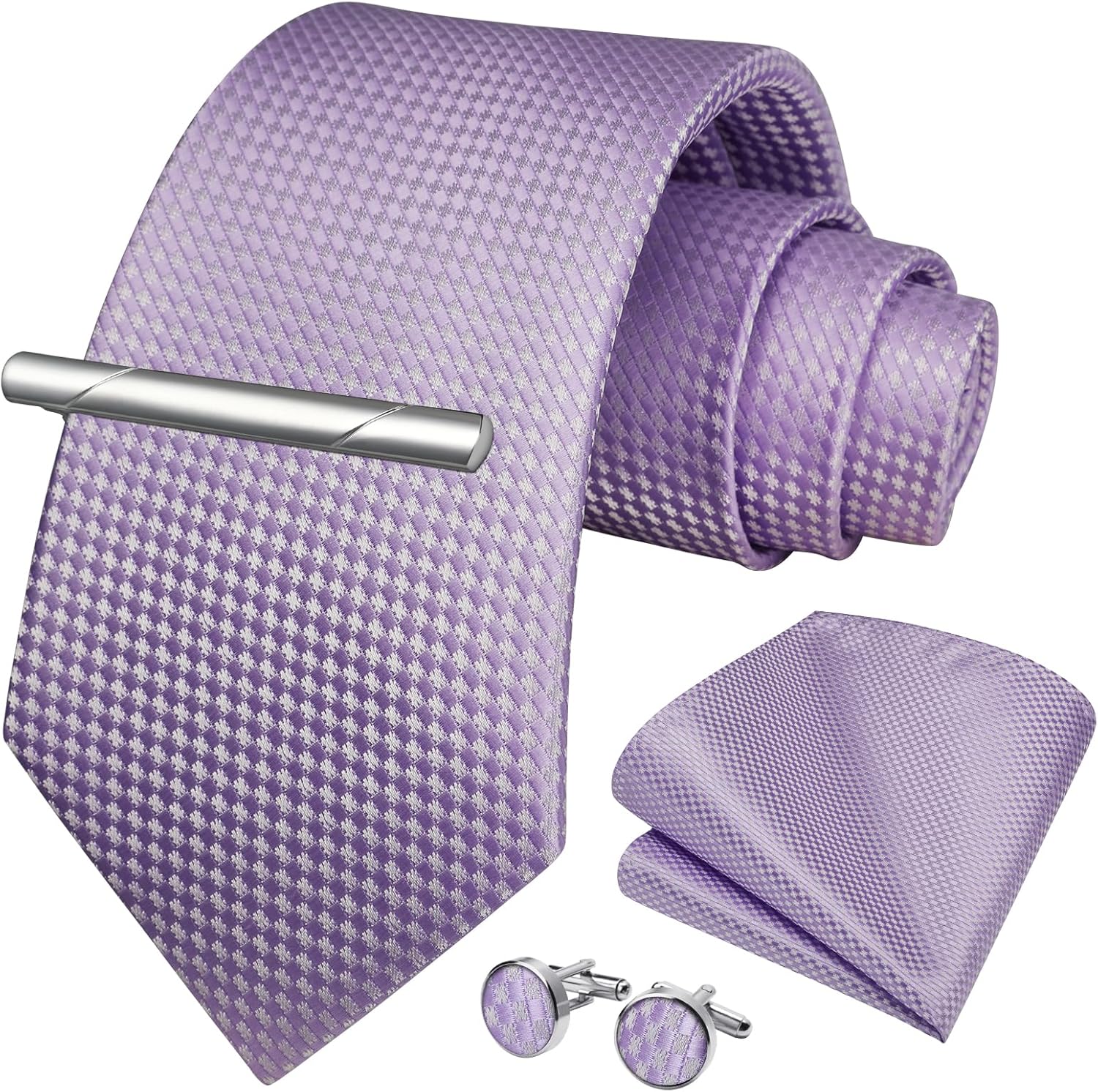 HISDERN Plaid Ties for Men Classic Checkered Tie and Pocket Square Cufflinks Tie Clip Set Woven Men's Necktie Business - Image 2