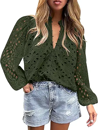 BETTE BOUTIK Women's Long Short Sleeve Tops 2025 Dressy Casual Button Hollow Out Lace Embroidered Blouses Shirts