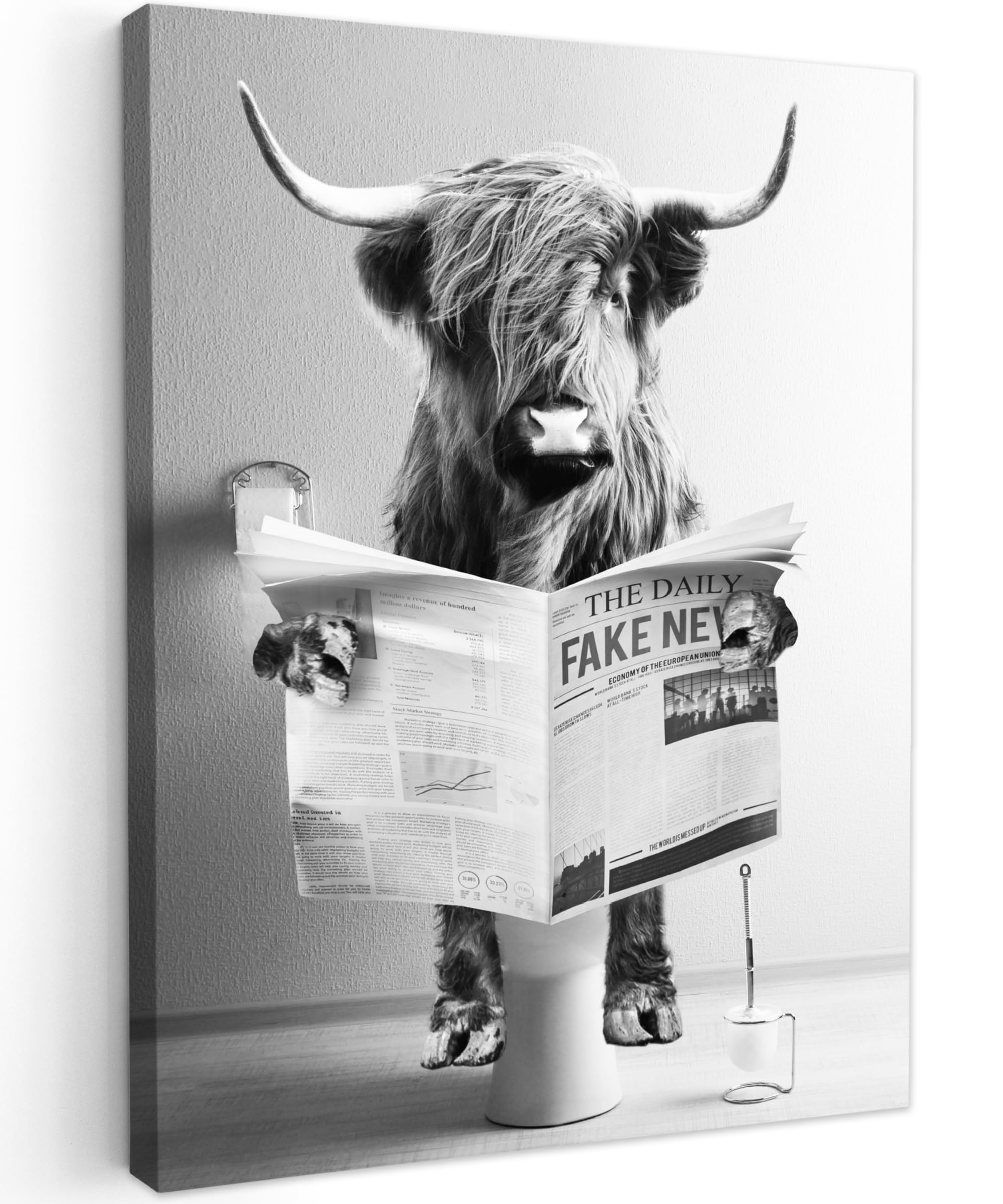 MuchoWow© Leinwand Bilder 30x40 cm Wanddeko Wohnzimmer Aesthetic Room Decor Deko Zimmer Wandbilder Modern Fotogeschenke Toilette - Zeitung - Schottisches Hochlandrind - Schwarz und Weiß