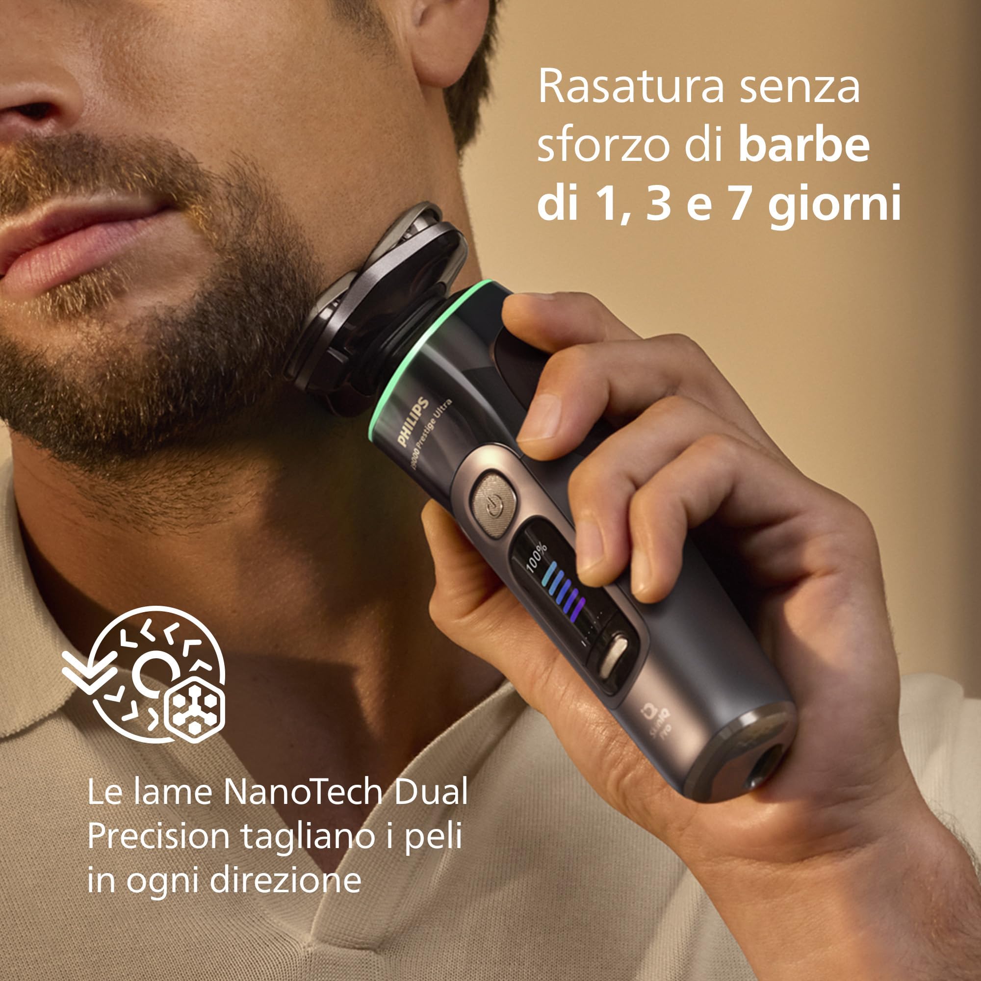 Philips Shaver i9000 Prestige Ultra, rasoio elettrico Wet & Dry, tecnologia Skin IQ Pro, triplo sistema di sollevamento e taglio, lame di precisione NanoTech 360º, 5 modalità di rasatura, XP9402/46