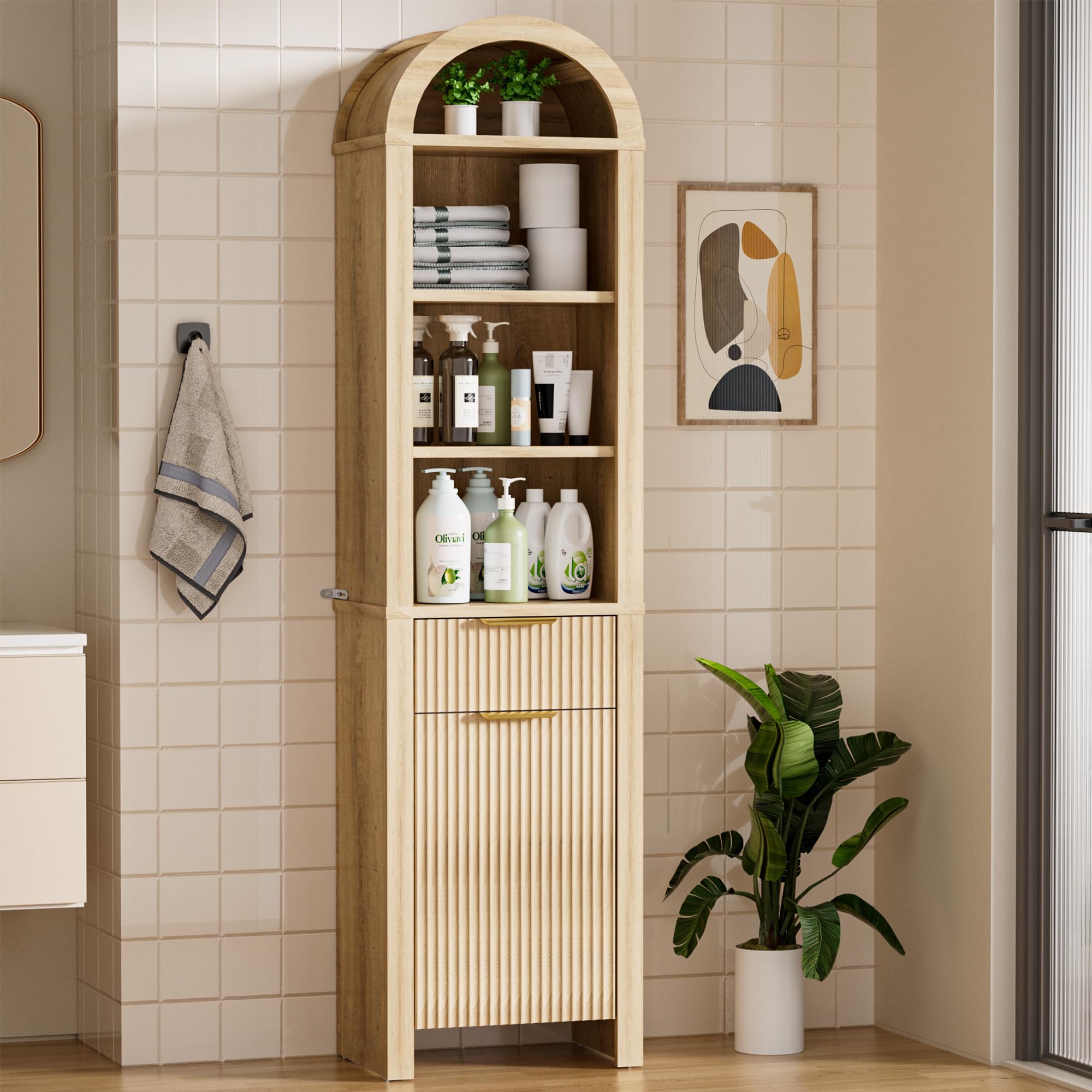 AHB 67 Inch Tall Storage Cabinet with Adjustable Shelves, Arched Narrow Storage Cabinet with Door and Drawer, Bathroom Cabinet with Anti-Tipping