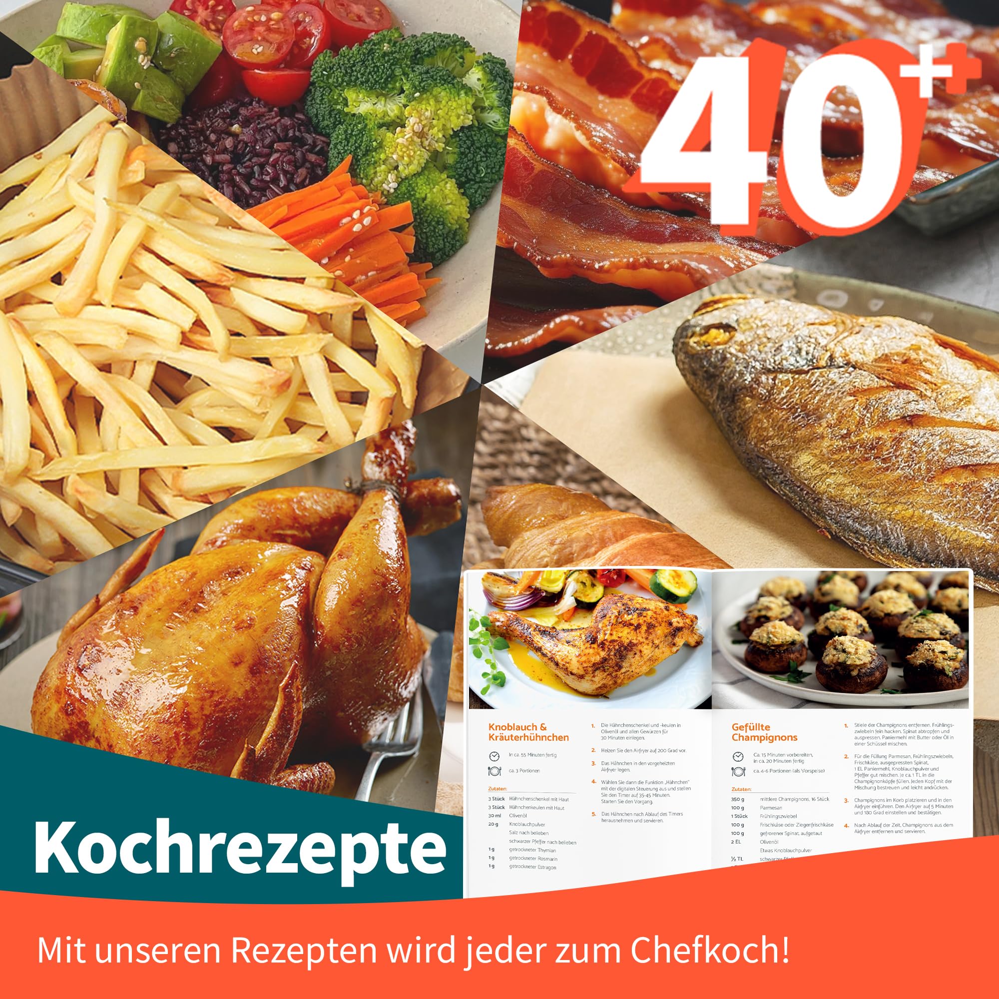 aeco COMPACT AirFryer frytkownica na gorące powietrze z cyfrowym wyświetlaczem dotykowym, 1500 W, regulacja 80°-200°, 8 programów, w zestawie zeszyt z przepisami