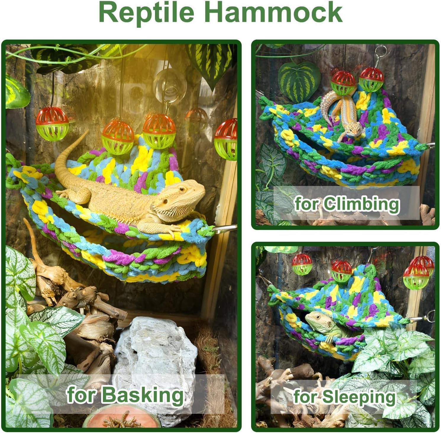 Bearded Dragon Hammock Lounger with Suction Cups Bells,Double-Layer Reptile Hammock, Soft Hanging Lizard Bed Climbing Toys Swing Tank Accessories for Lizard Gecko Chameleon Snake (Blue)