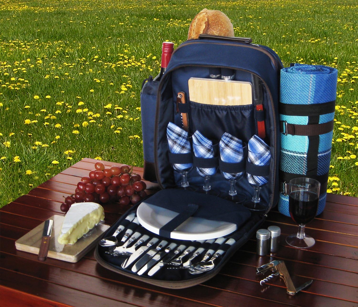 Picnic Pack Backpack for 4 Plaid Blue with Blanket