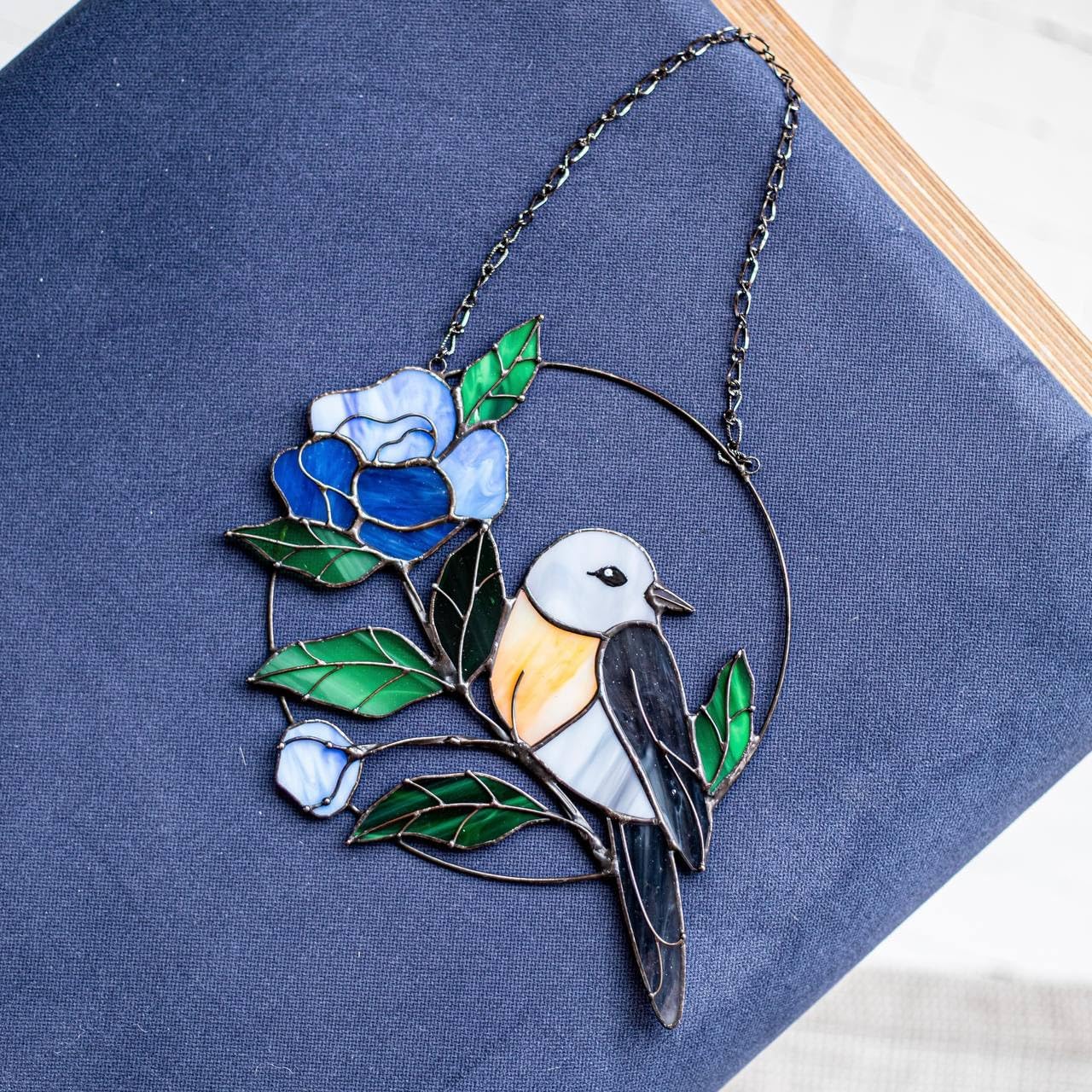 Blue Bird With Flower Stained Glass Suncatcher For Home Decor. Mother's Day Gift. Indoor Outdoor Decor. Wall Window Hanging. Bird Suncatcher