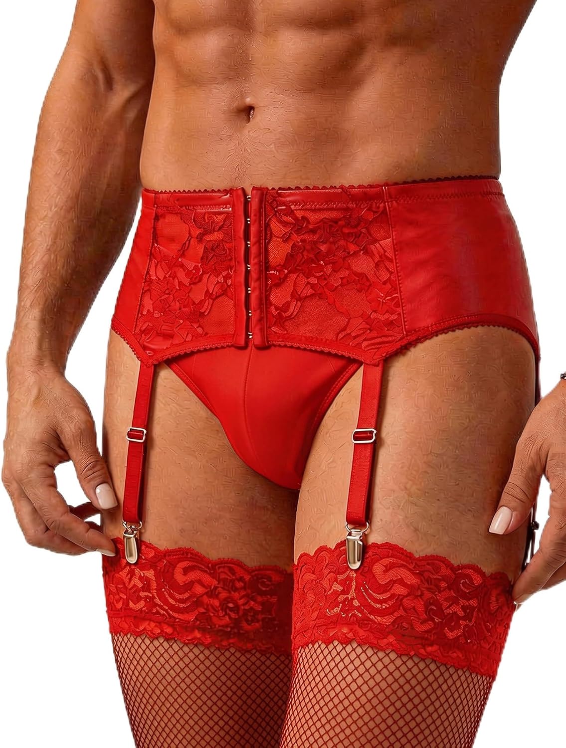 ohyeahlady Men's Faux Leather Garter Belt High Waist Lace Trim Suspenders with 6 Straps Metal Clips for Thigh High Stockings