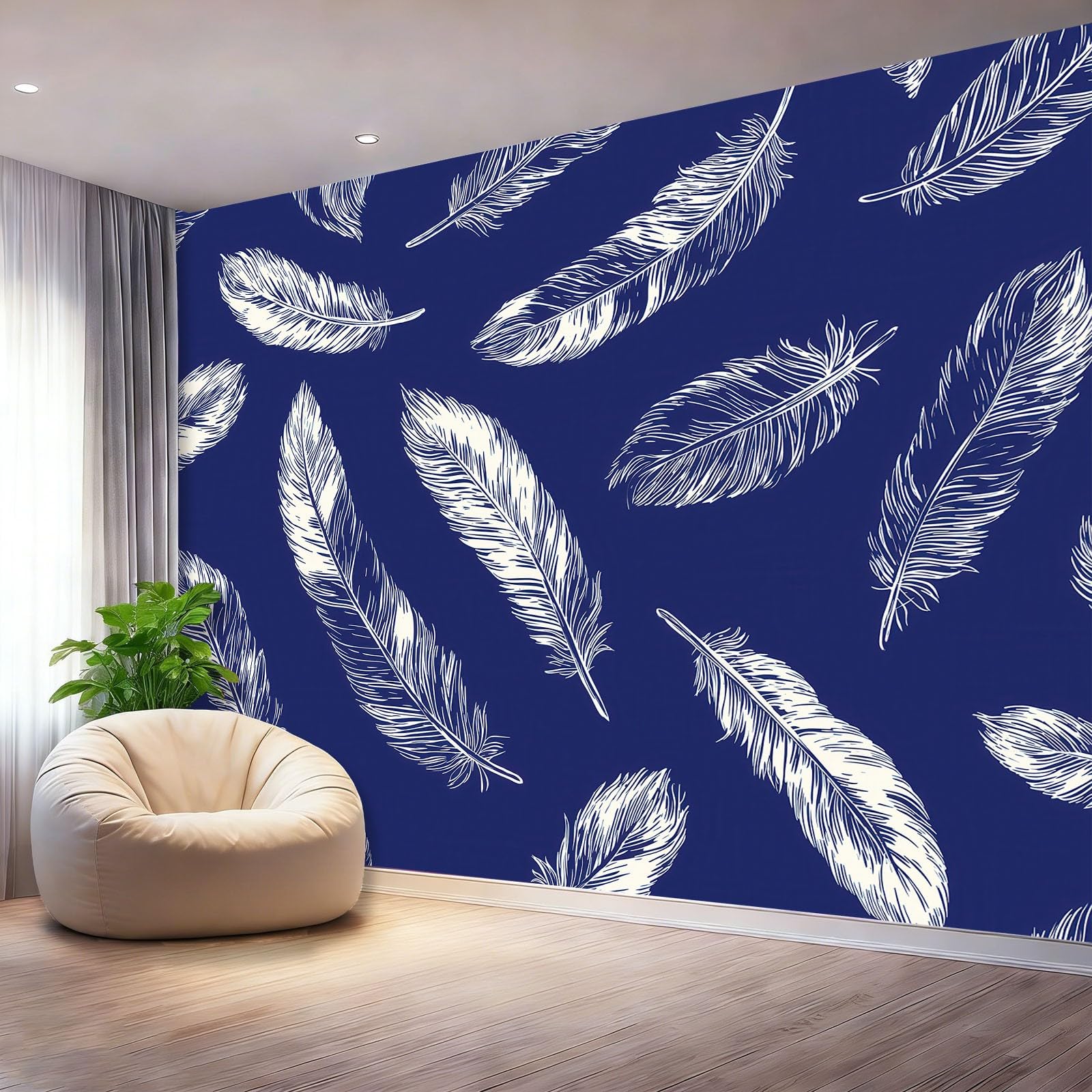 Fototapeta 300 x 210 cm ściany dekoracja salonu projekt minimalizm pióra tekstura do sypialni salonu tapeta z włókniny, granatowy biały