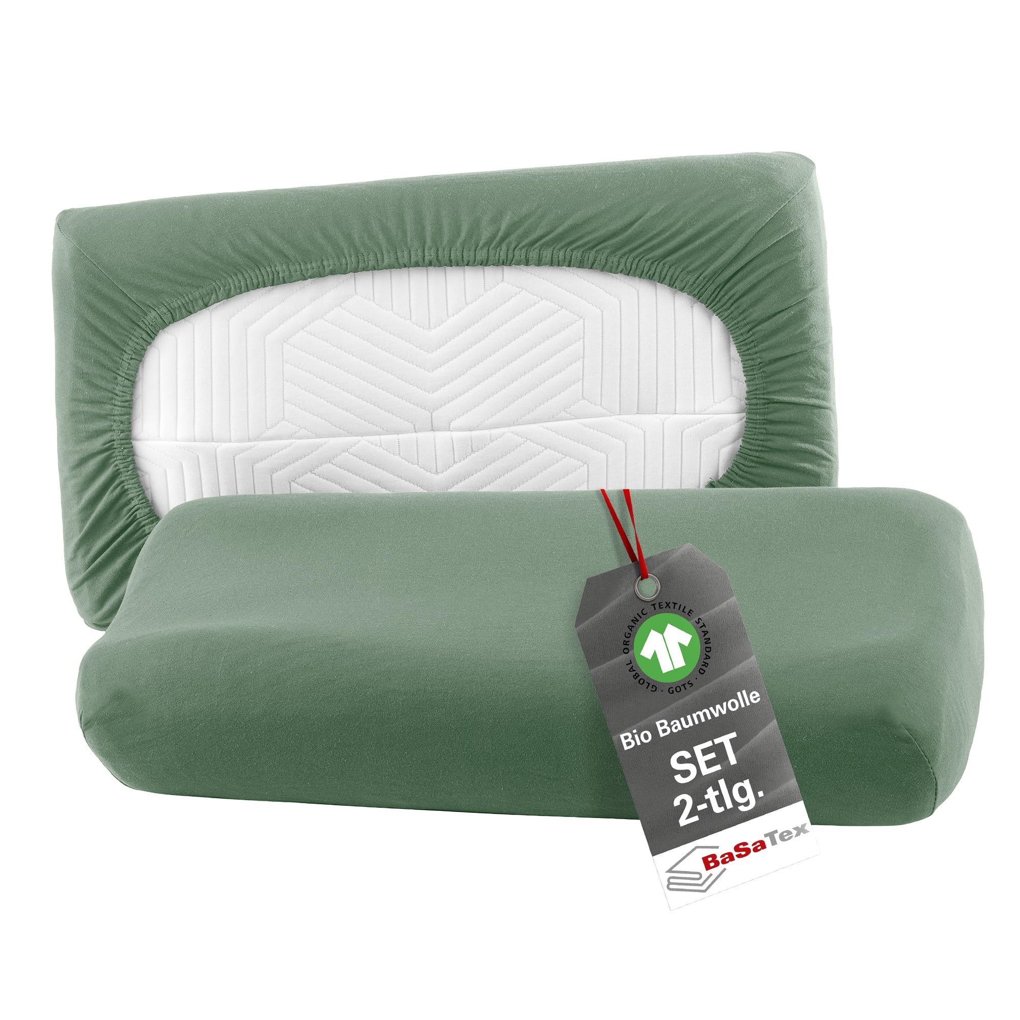 BaSaTex Bio Kissenbezüge Spannbezüge 2er Pack für Nackenkissen und Gesundheitskissen | 97% GOTS-Zertifizierte Baumwolle + 3% Elasthan | 30x50 cm - Farbe: Salbei Grün