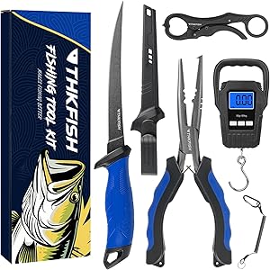 THKFISH Fishing Tools Kit, Fishing Gear, 7 PCS Fishing Accessories, Corrosion Resistant Fishing Split Ring Pliers Kit, Fishing Scale, Floating Fish Lip Gripper Fly Fishing Gifts for Men
