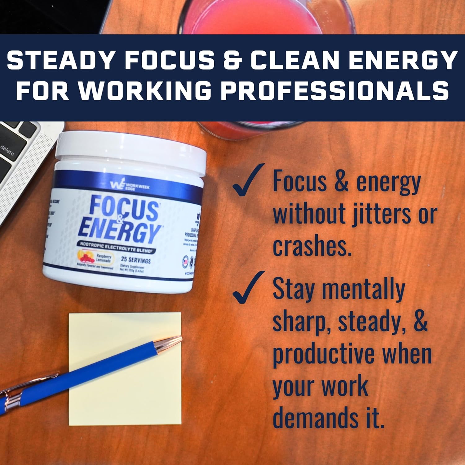 Focus & Energy Drink Mix Powder – Zero Sugar, 100mg Caffeine + L-Theanine + L-Tyrosine Calm Nootropic Supplement for Steady Focus & Clean Energy – (25 Servings)