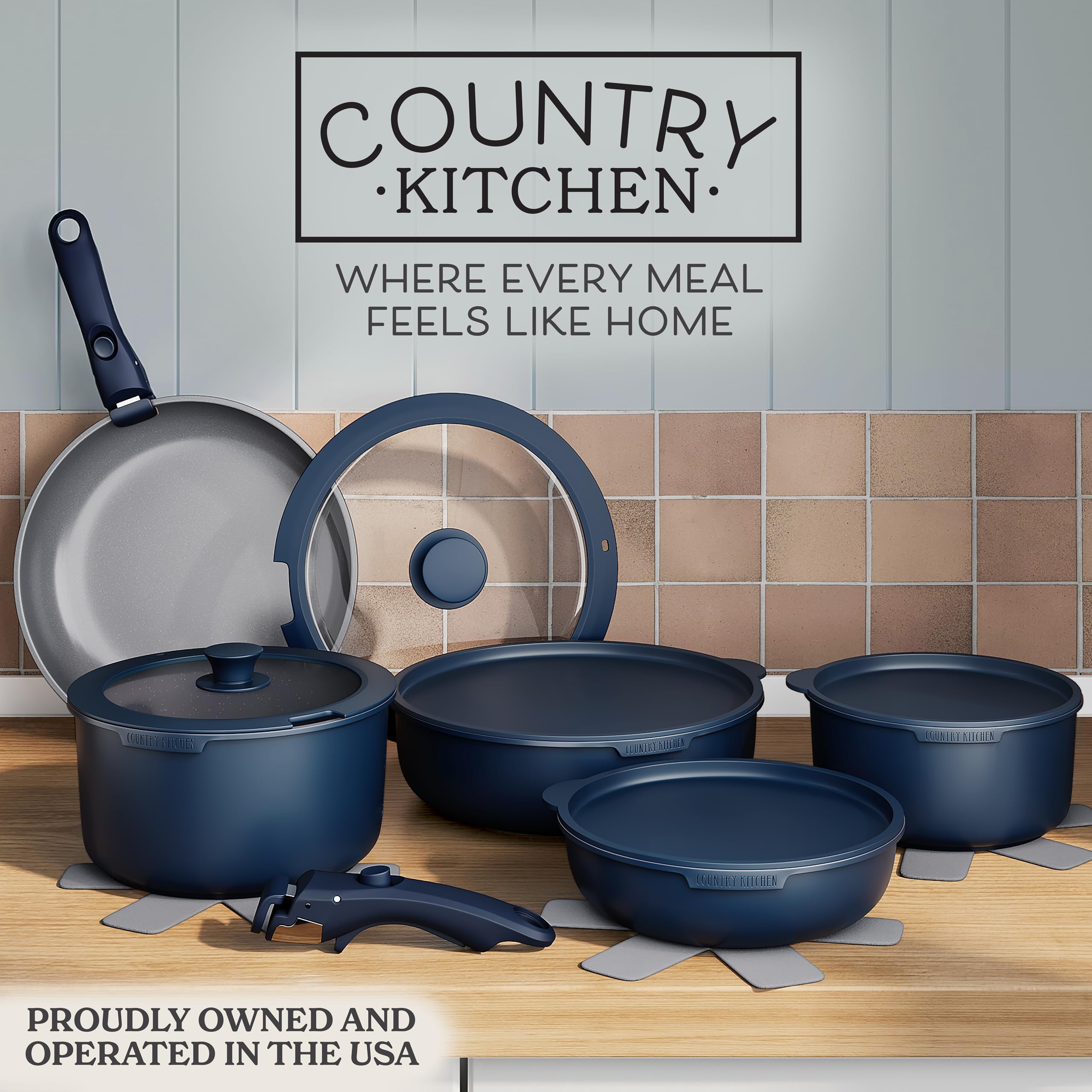 Country Kitchen 16-częściowy zestaw garnków i patelni – bezpieczne nieprzywierające naczynia kuchenne z miękkim w dotyku zdejmowanym uchwytem, zestaw naczyń do kampera, nadaje się do piekarnika