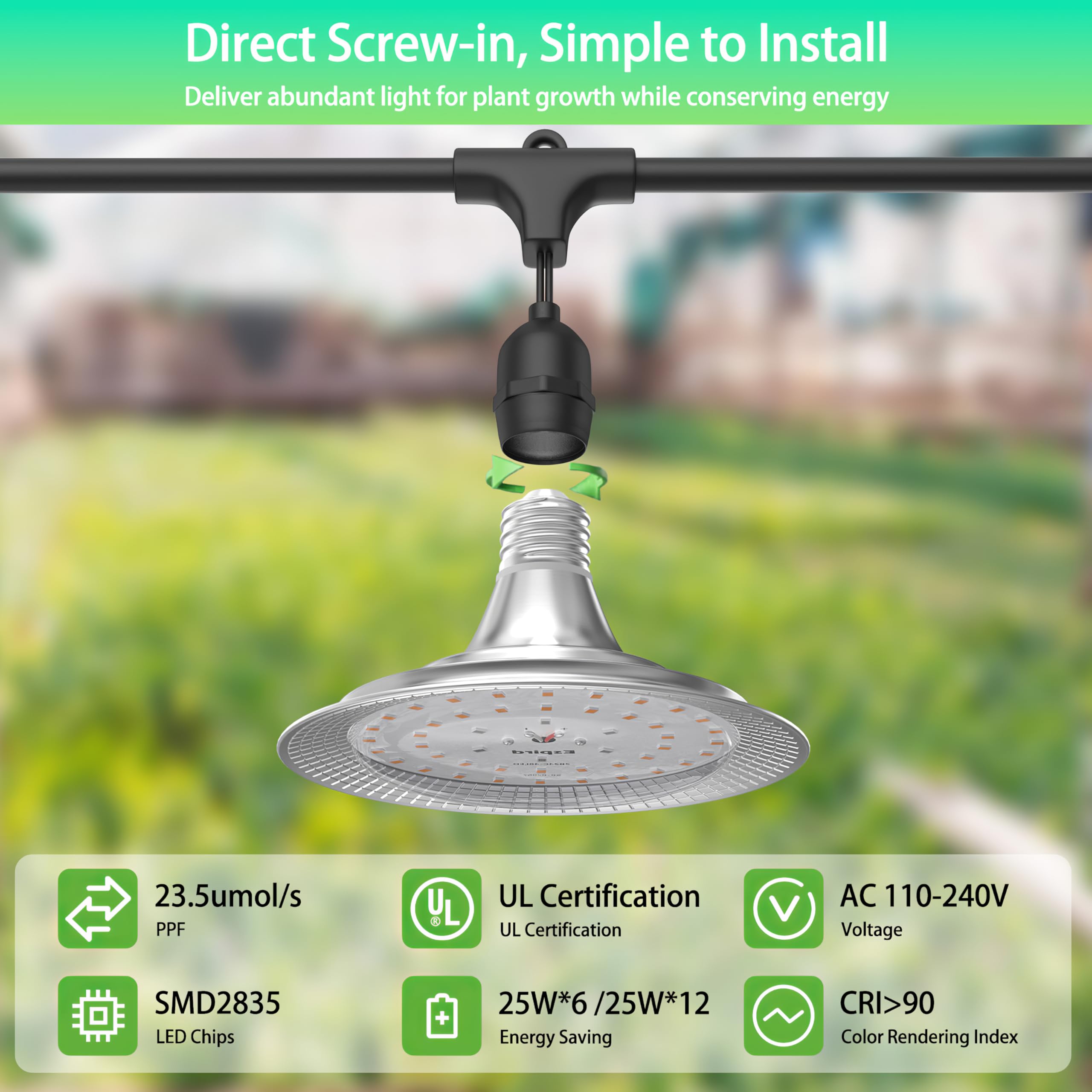 Luces LED de cultivo de 6 luces para exteriores, luces de invernadero de espectro completo impermeables para plantas, cadena de luces ajustables de 21.3 pies con 288 LED E26 bombillas de
