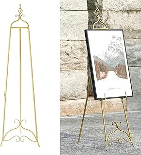 58.5” H Gold Easel Stand for Sign, Large Adjustable Metal Display Standing for Displaying Pictures Wedding Poster Holder Showcasing with Chain Support