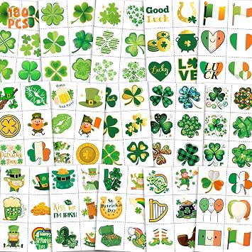 180Pcs St-Patricks Day Temporary Tattoos - Shamrock Tattoos Pre Cut Design, Saint Patricks St Patty Face Tattoo Stickers Adults Lucky Irish Makeup Party Favors Supplies Traditional Holiday Festival