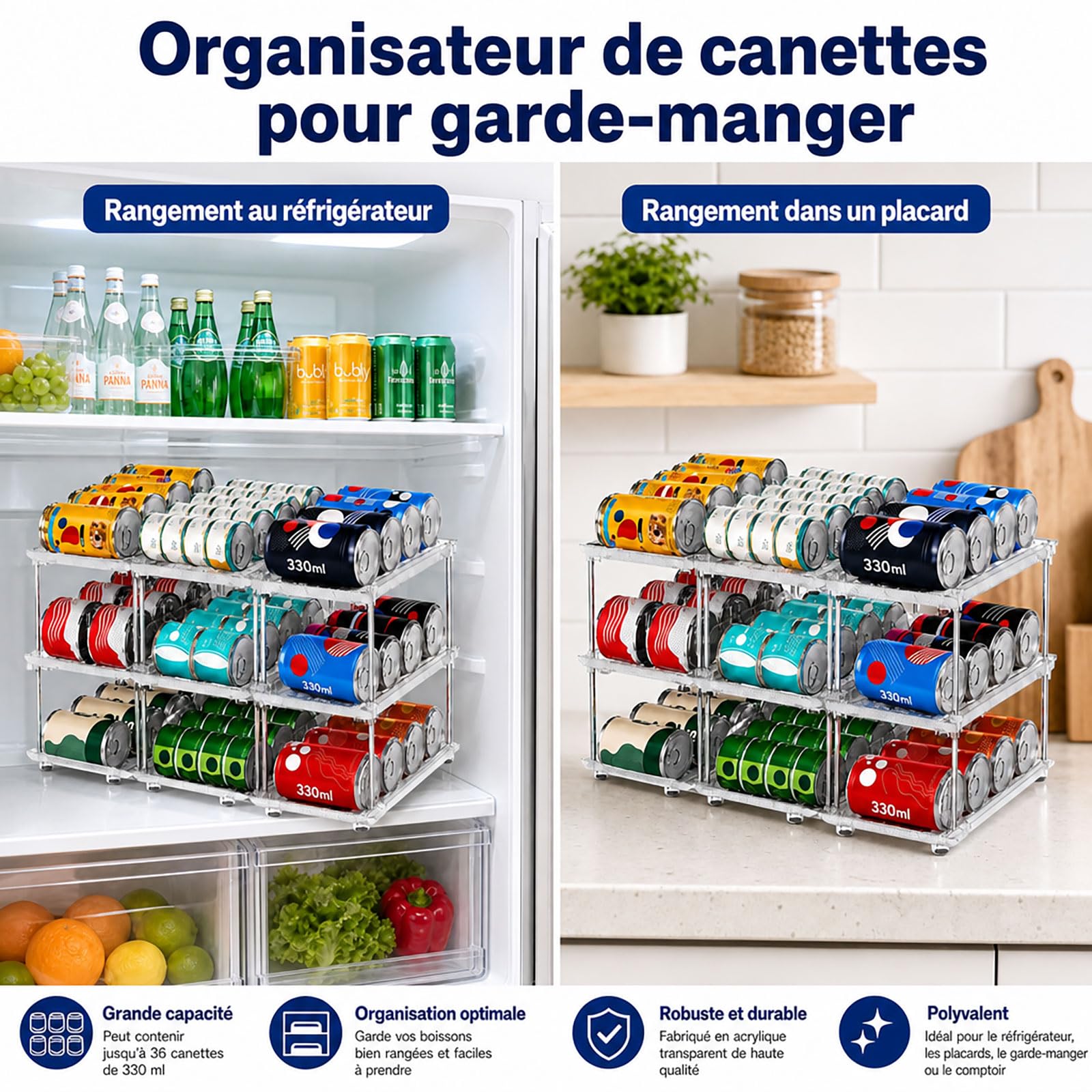 Organisateur de Canettes & Boîtes de Conserve pour Garde-Manger – Distributeur 3 Niveaux Empilable pour Placard Cuisine & Frigo – Rangement Ajustable pour Conserves, Sodas & Pâtée Chat