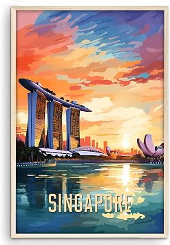 Eastern Print Singapore Poster, Travel Poster, City Prints Wall Decor, Travel Wall Art, Sunset Skyline With Marina Bay Reflection, Colorful Vintage Decor For Bedroom, Living Room, UNFRAMED 8x12