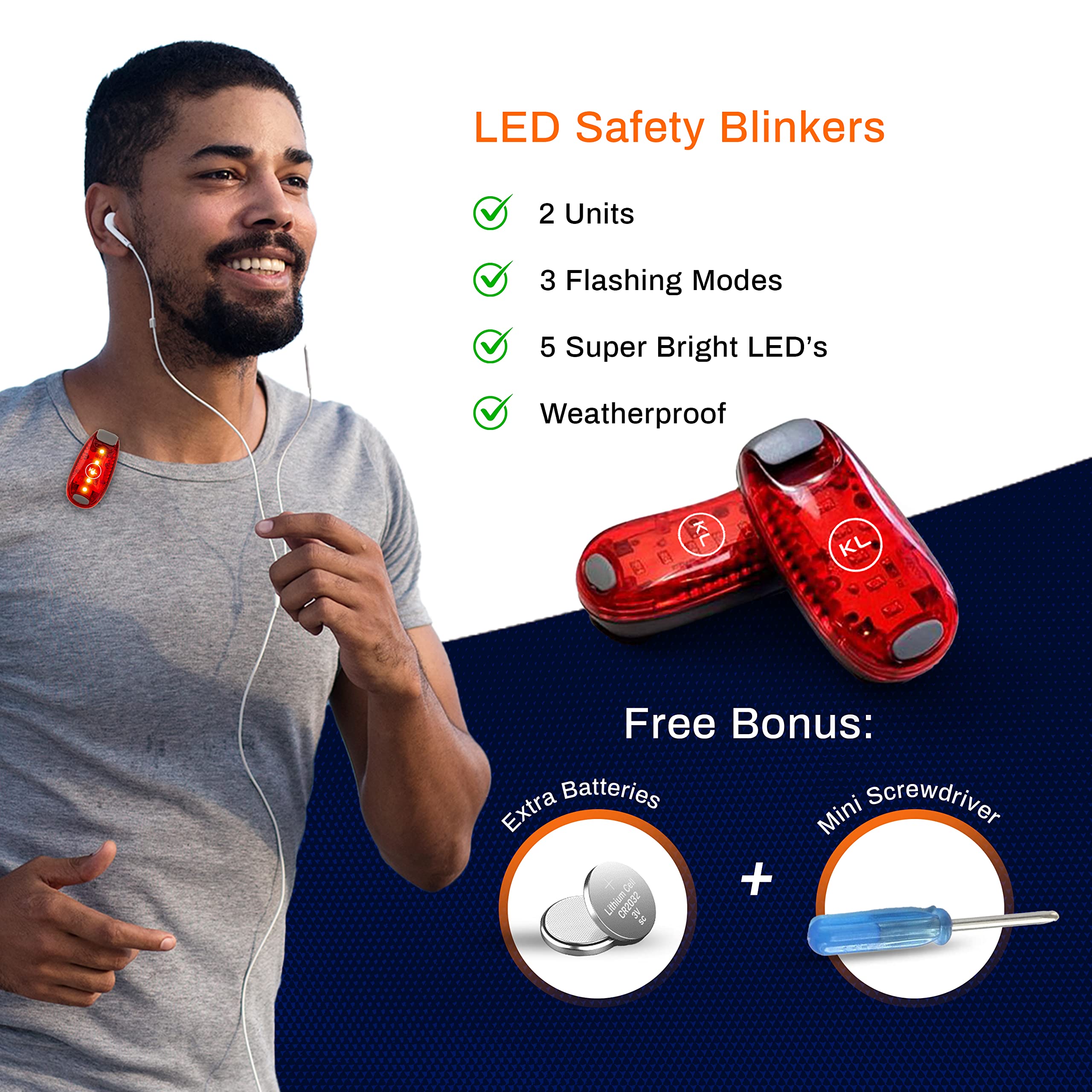 Knuckle Lights 2-Pack LED Safety Blinking Lights for Bikers, Runners, Walkers - Dog Walking Strobe Blinker - 3 Lights Mode Lightweight Easy Attach Clip - Reflective Gear