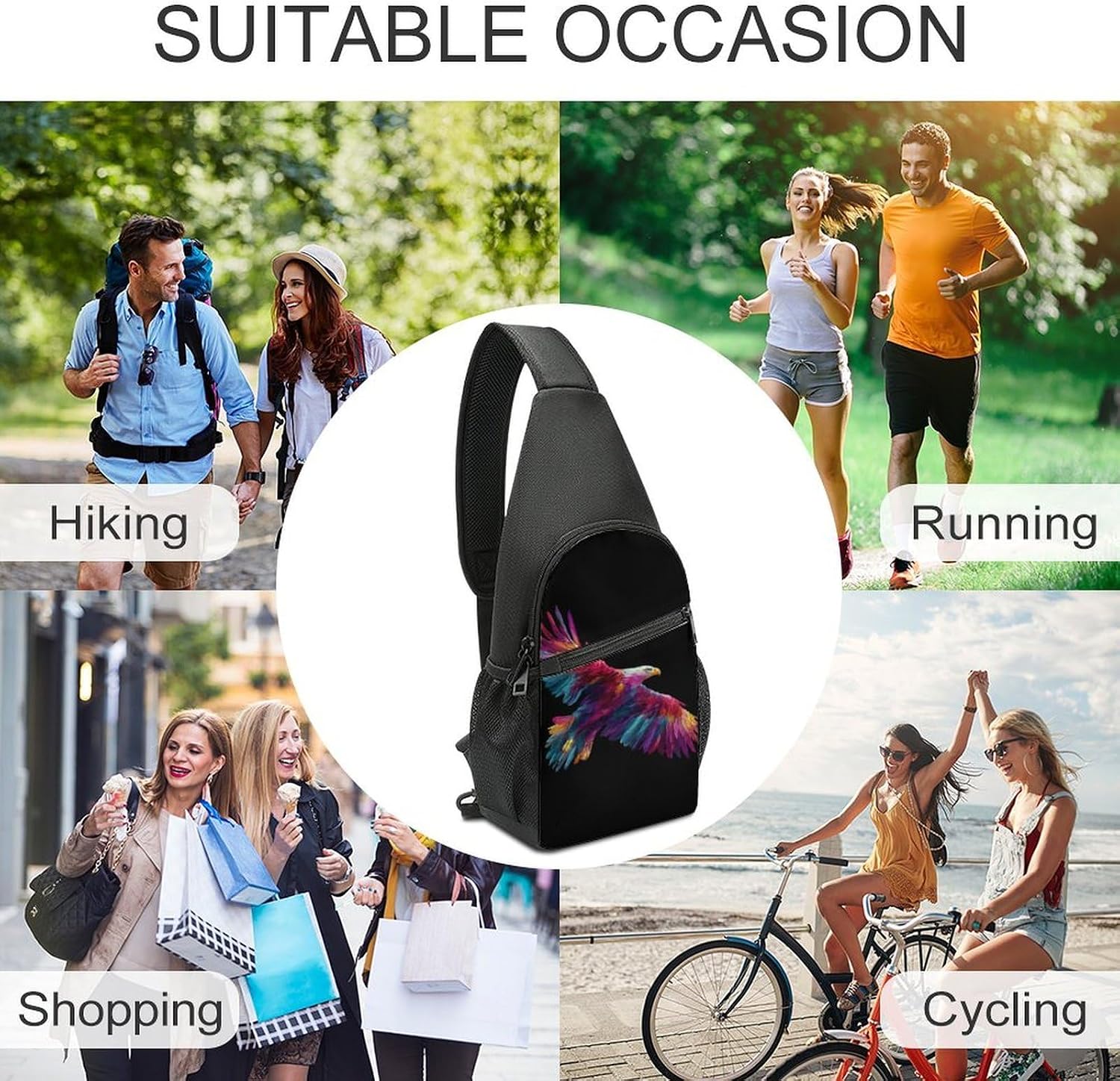 Colorful Eagle1 in Flight Crossbody Sling Backpack Chest Bag Daypack | unisex,trendy,with convertible and detachable shoulder strap,side pockets