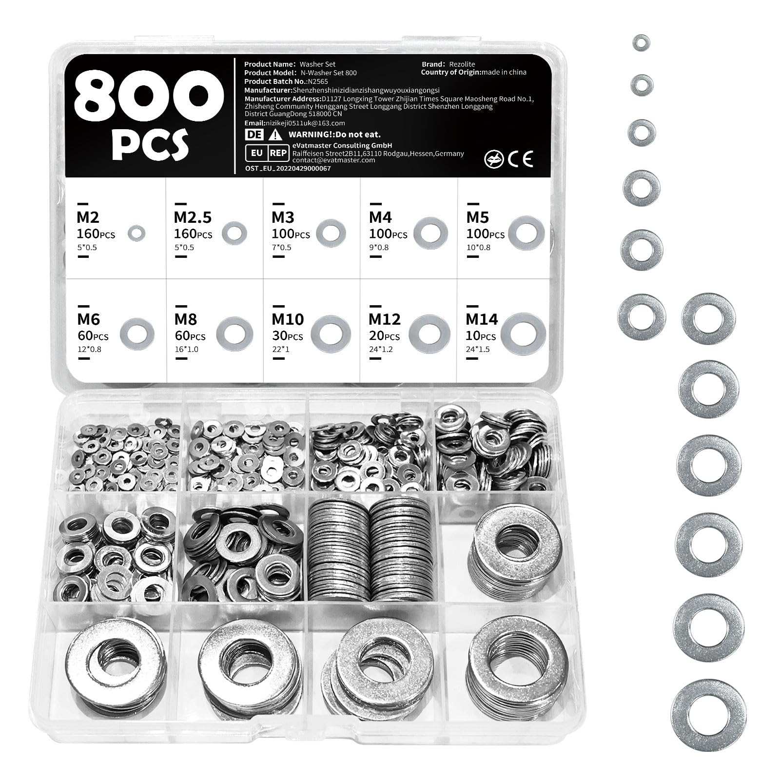 800 Unterlegscheiben für Schrauben, 10 Größen Edelstahl-Flachscheiben-Set | inklusive M2, M2,5, M3, M4, M5, M6, M8, M10, M12 und M14, geeignet für Heimwerkerarbeiten und Bauprojekte