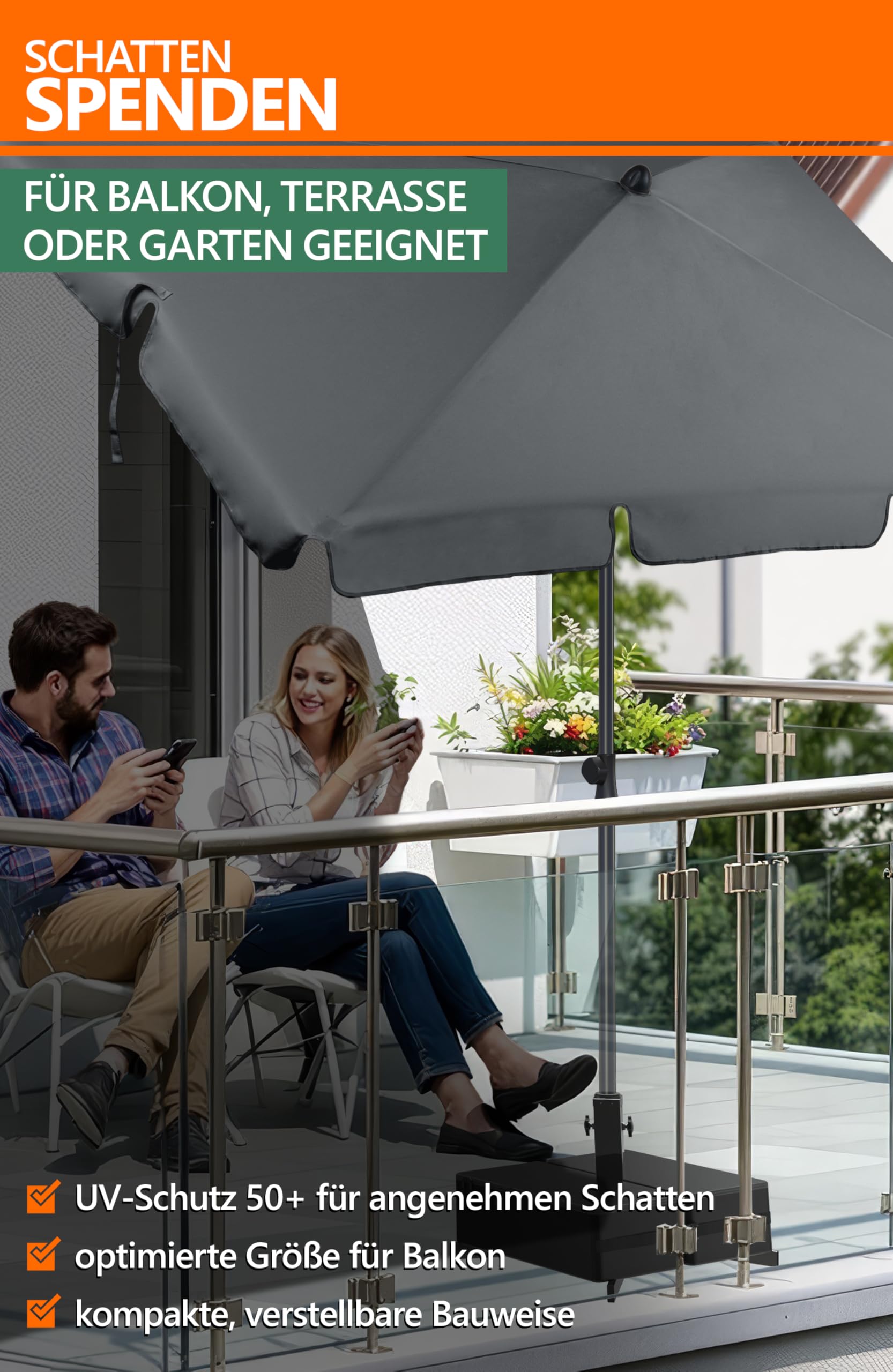 4smile Sonnenschirm rechteckig 200x125cm + Sonnenschirmständer + Schirmhülle - Sonnenschutz Balkon Set 3-teilig, Sonnenschirm Balkon mit Ständer - Balkonschirm knickbar höhenverstellbar