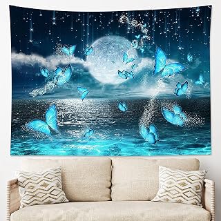 LB Small Full Moon over Ocean Tapestry Wall Hanging Psychedelic Teal Butterfly Tapestry Starry Night Sky Moon and Stars Tapestries for Teen Kids Bedroom Living Room Dorm Home Decor, 92.5 x 70.9 Inches