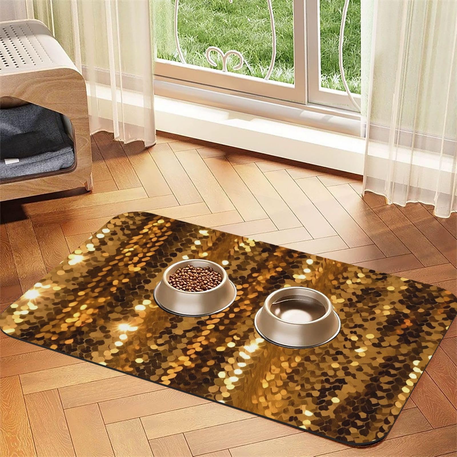 Tapis de nourriture pour chien chic à paillettes dorées en caoutchouc robuste