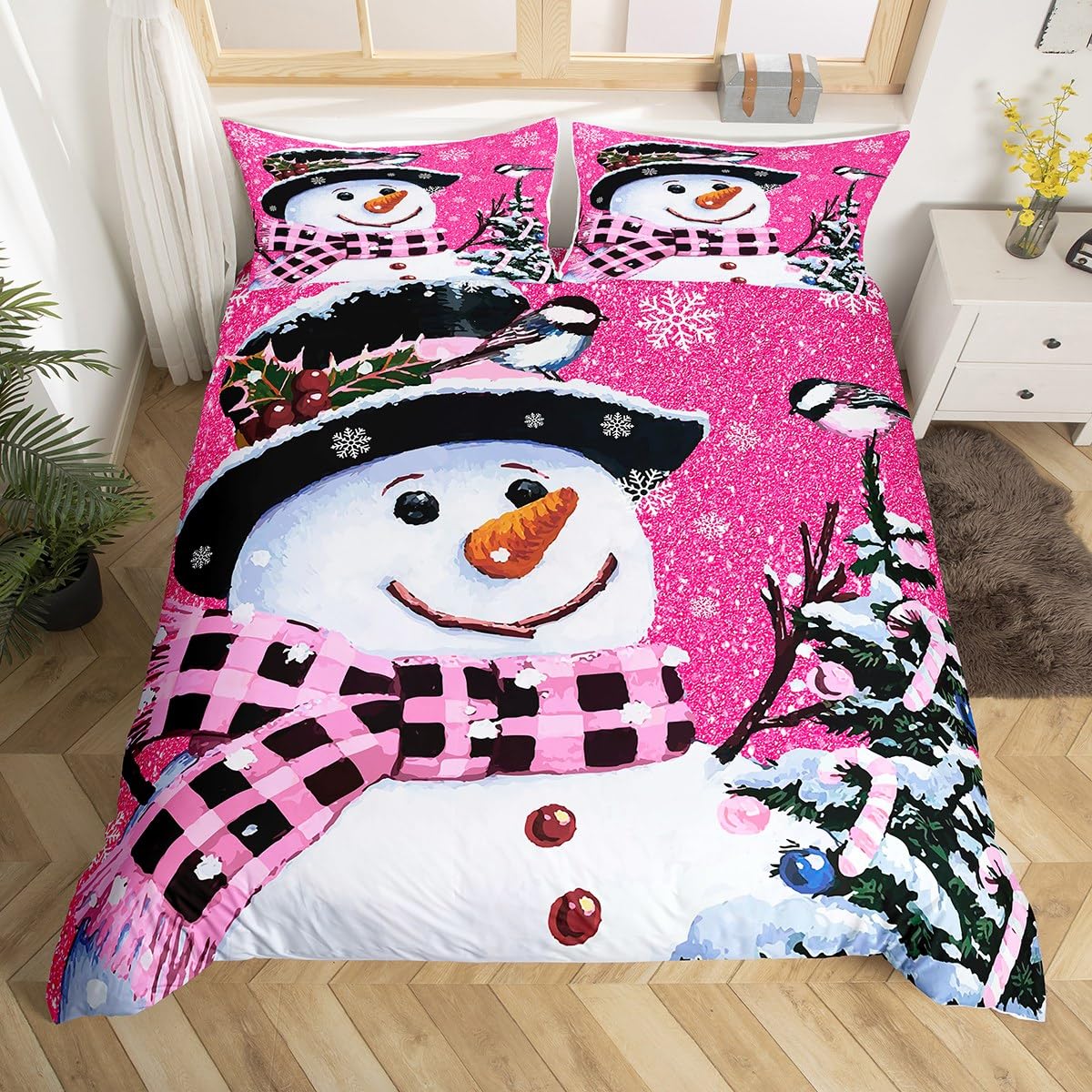 Loussiesd Kids Christmas Theme Decorations Bedding Set Xmas Snowman Duvet Cover for Boys Girls Snowflake Kawaii Cute Comforter Cover Set Rose Red Bedspread Cover Bedroom Collection Single Size