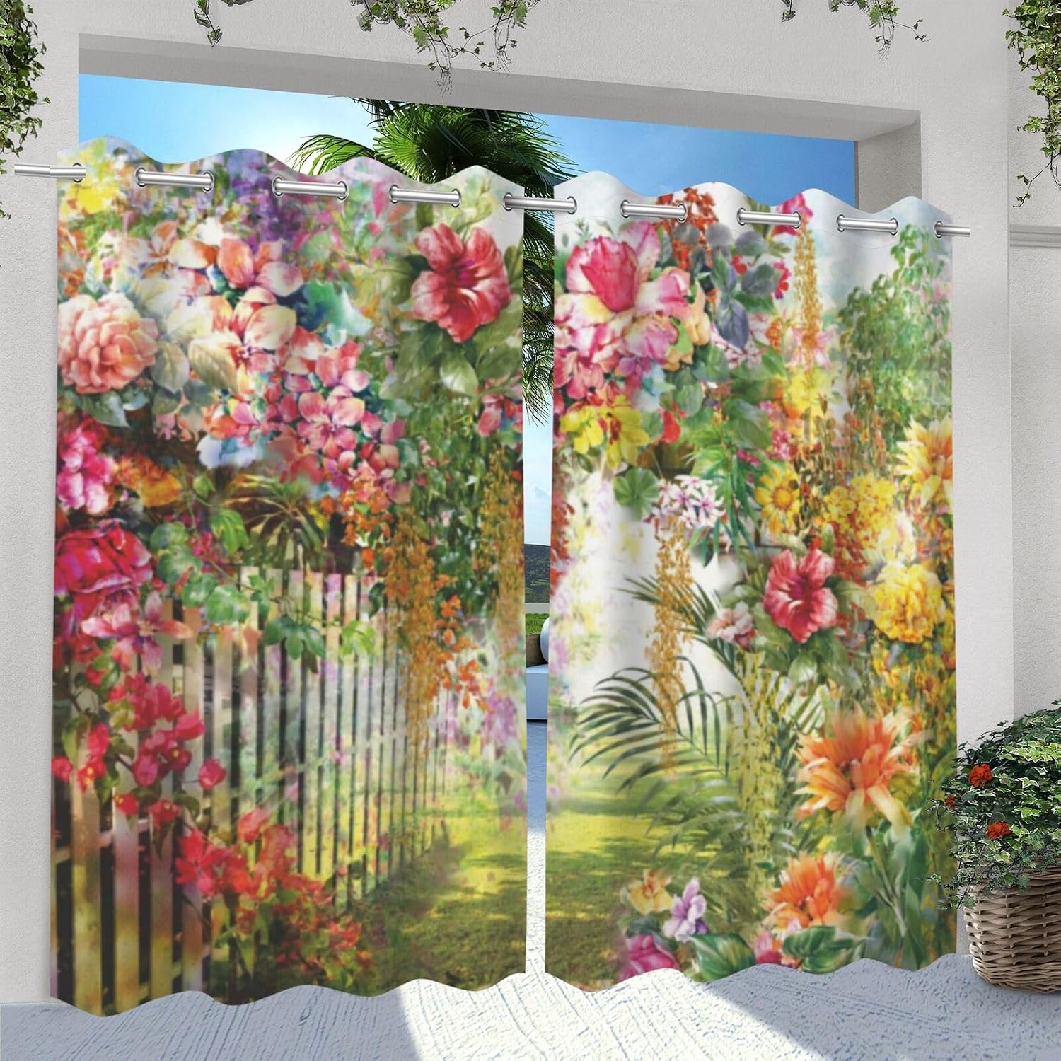 Colorful spring summer garden Waterproof Outdoor Curtains for Patio,blooming flowers plants Print,Grommet Curtain for Bedroom, Porch, Living Room, Pergola, Cabana,2 Panel,W36 x L84,green multicolor