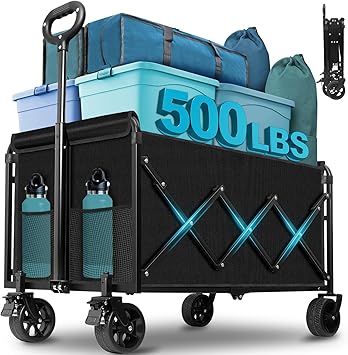 Collapsible Wagon Cart with Wheels Foldable 500LBS Heavy Duty Folding Utility Wagon - Portable All Terrain Grocery Wagon Cart for Groceries Shopping Outdoor Camping Sports Black-500Lbs