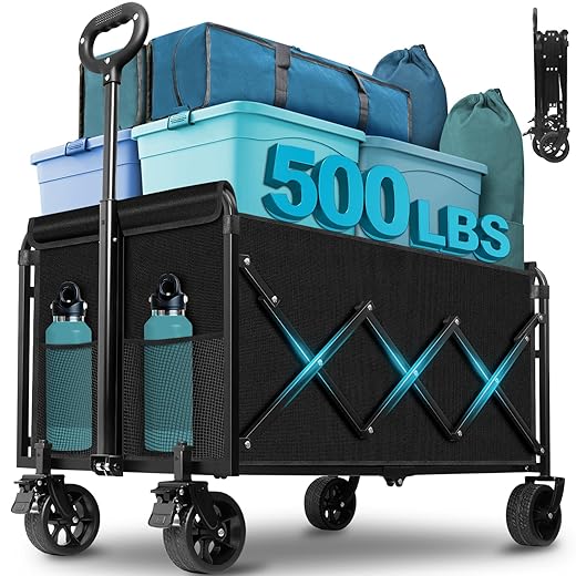 Collapsible Wagon Cart with Wheels Foldable: 500LBS Heavy Duty Folding Utility Wagon - Portable All Terrain Grocery Wagon Cart for Groceries Shopping Outdoor Camping Sports (Black-500Lbs)