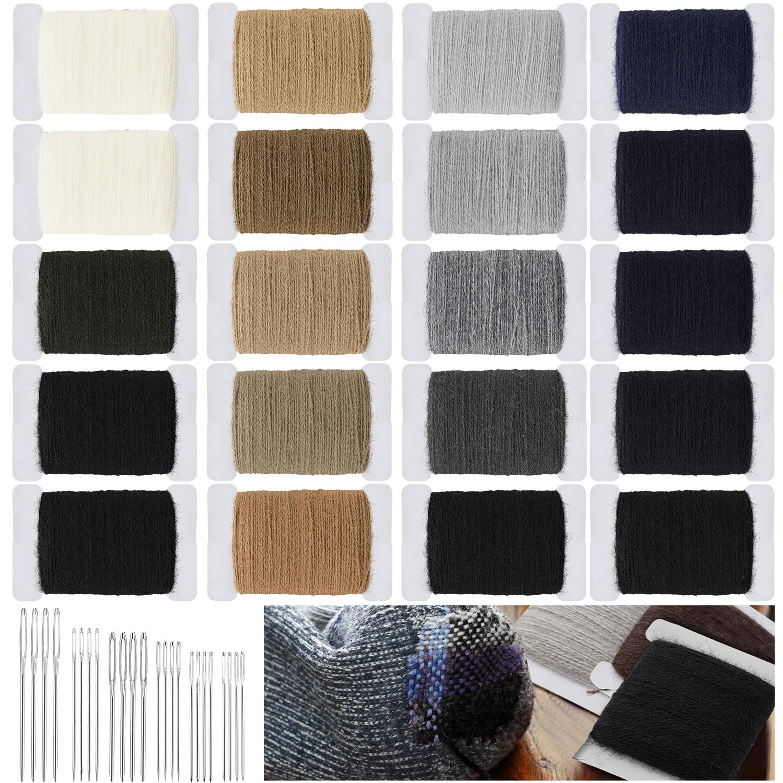 Jexine Stopfgarn, 50% Wolle, 50% Acryl, 1200 m, Stopfgarn mit 24 Nähnadeln mit großem Öhr, Set für Kleidung, Socken, Plüschtier, Erwachsene, Darner, DIY, Heimnähpflege (60 Meter pro Garn), 20 Stück