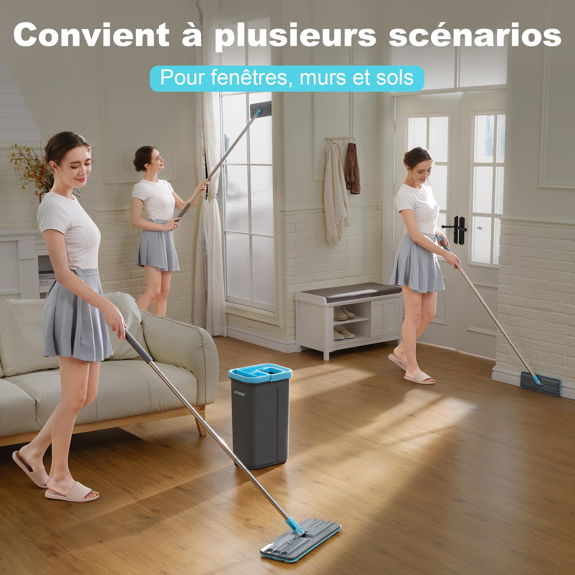 JOYMOOP Ensemble Mopa Et Seau avec Essoreuse, 5 Tampons Microfibre Réutilisables, pour Sols Et Murs, Mopa Mains Libres Usage Domestique - Gris + Bleu Cyan