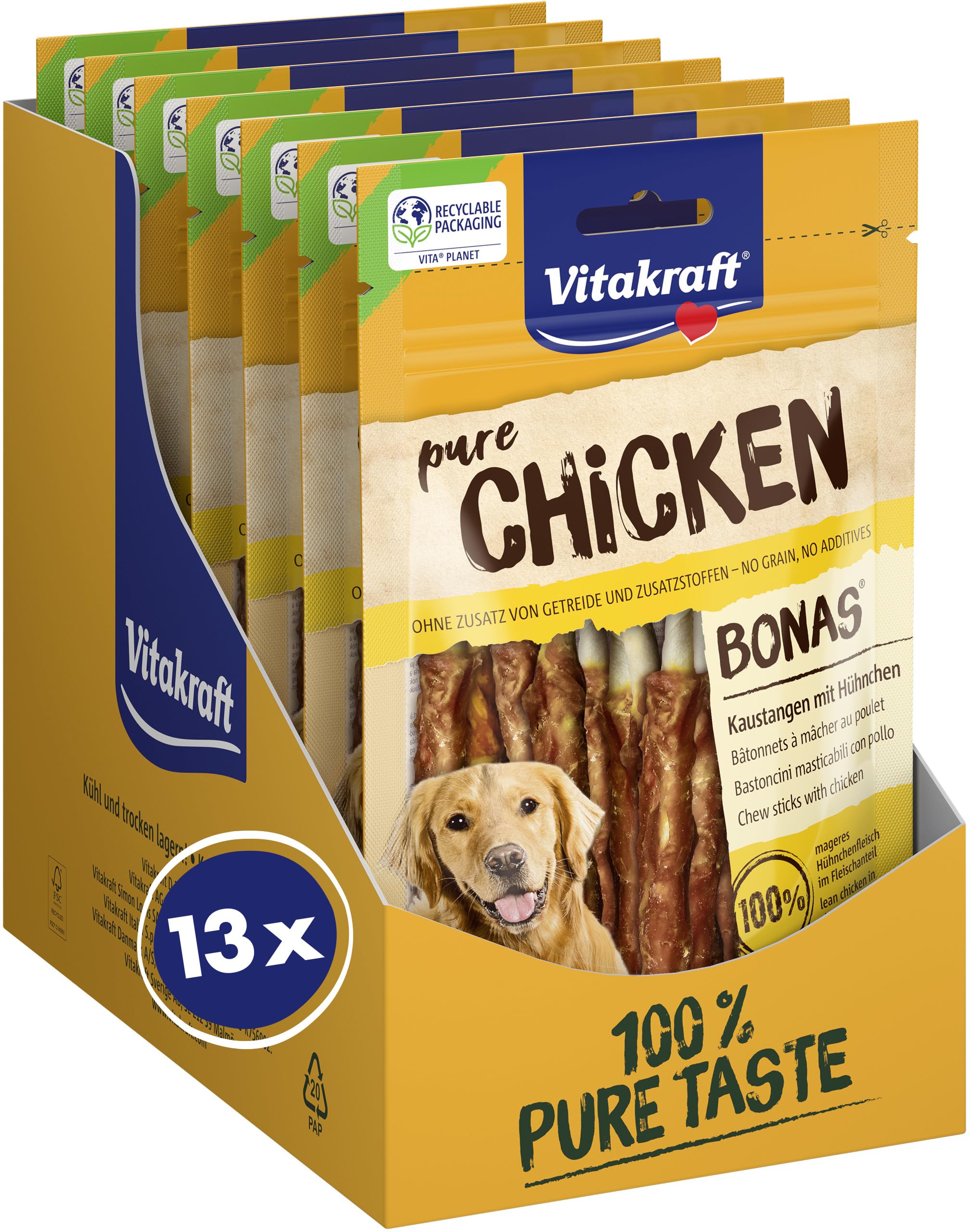 Vitakraft Pure Chicken Bonas, Hundeleckerli, Kaustangen mit Hühnchen, Hunde Trainingsleckerli, ohne Zusatz von Zucker (13x 80g)