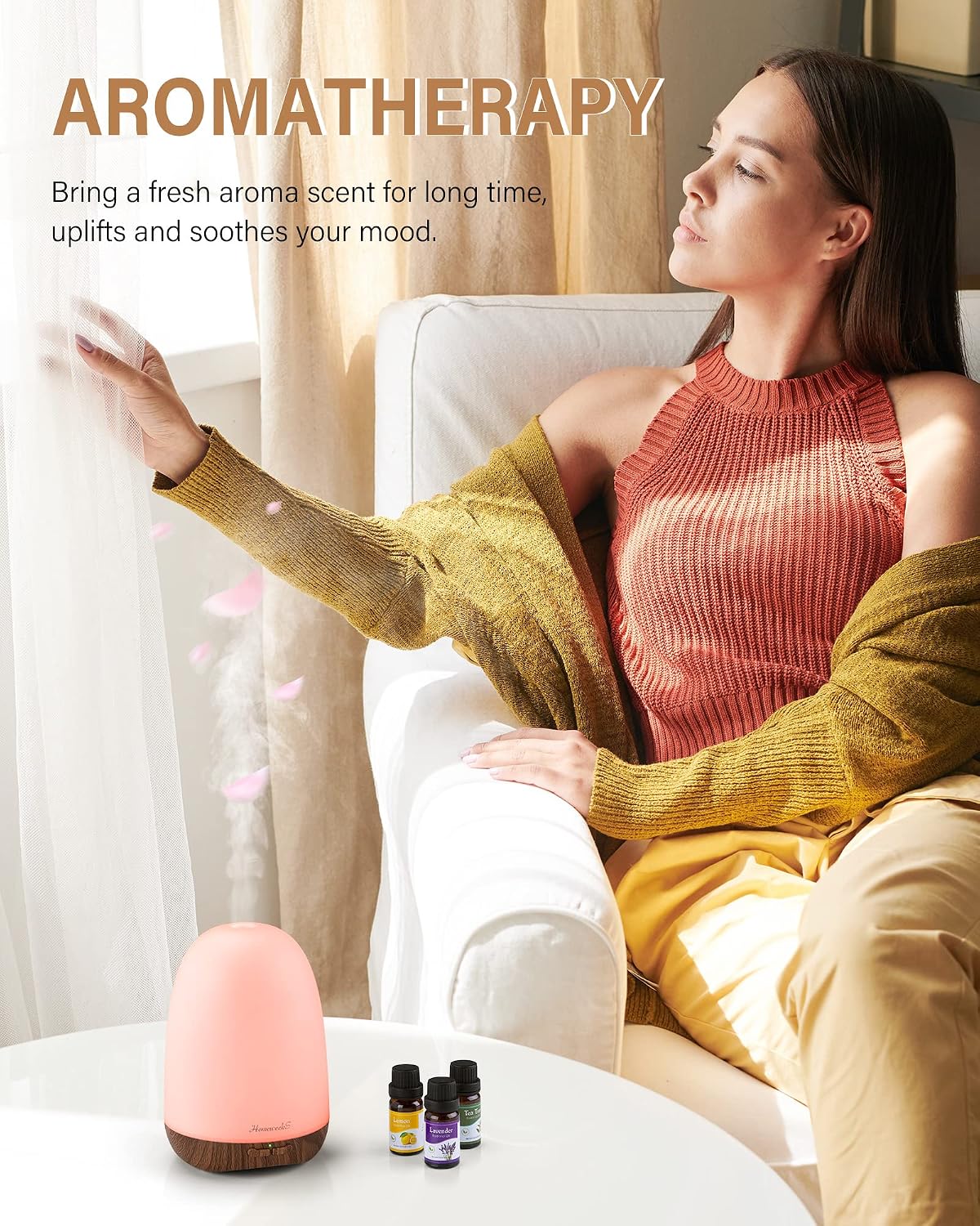 Aromatherapy Essential Oil Diffuser for Room: Air Humidifier Aroma Scent Adjustable Cool Mist Diffuser Colorful Light Cute Mini Small Waterless Auto Off Ultrasonic Diffusers for Bedroom - Brown