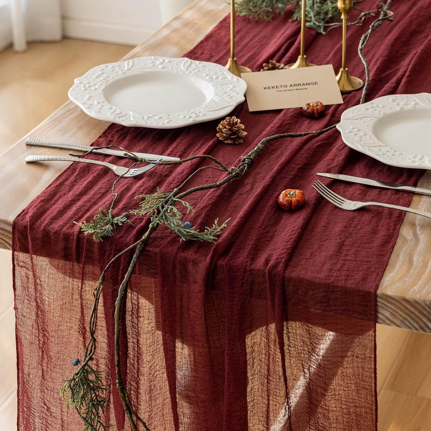 Burgundy Christmas Table Runner Decor Red Cheesecloth Gauze 120 Inch 10 FT Rustic Boho Cheese Cloth Runner for Wedding Baby Bridal Shower Party Long Sheer Home Christmas Decorations Burgundy 1
