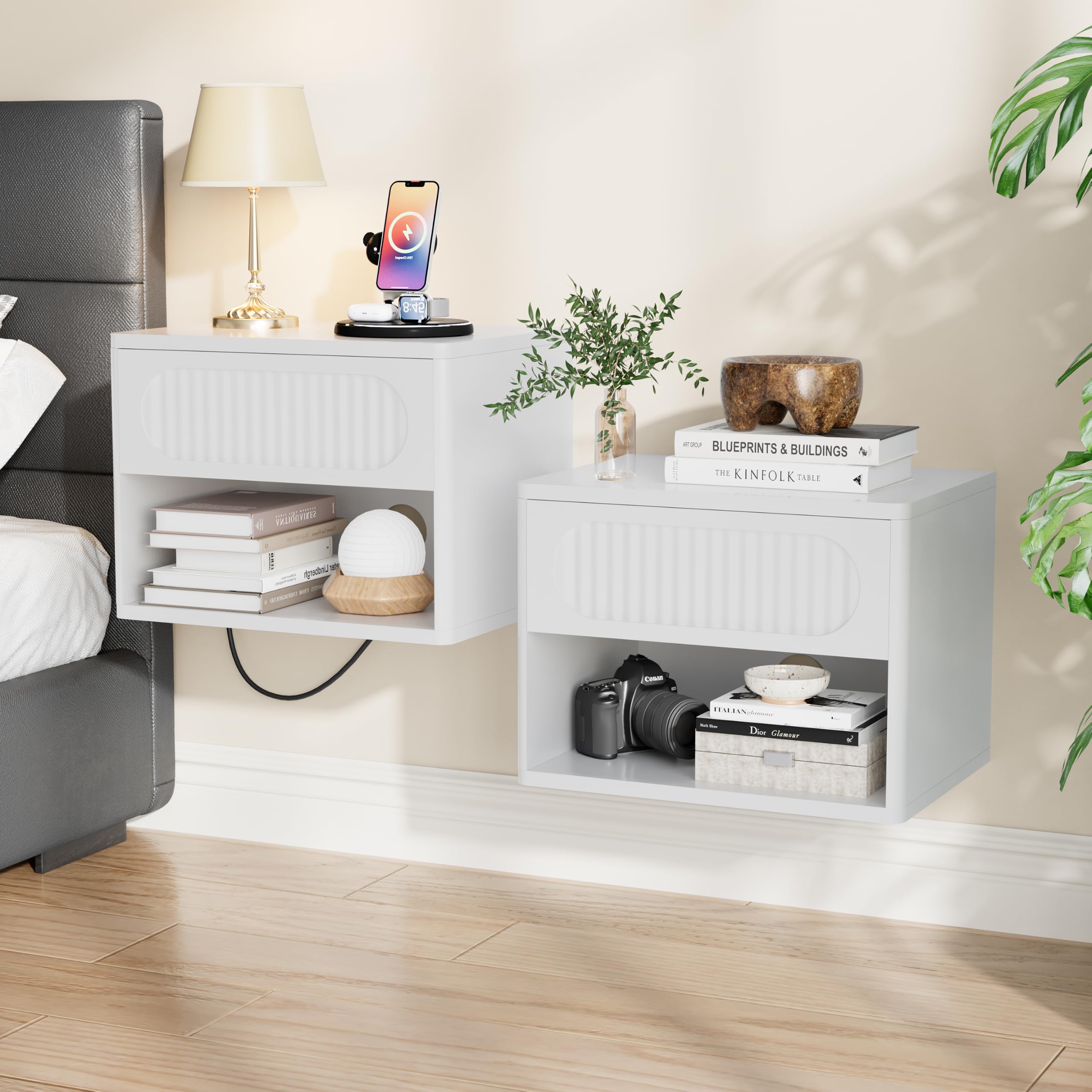 Nachttisch Hängend 2er Set, Nachtschrank Holz, Schwebendes Wandregal, Seitentisch Kleiner Moderner mit Schublade & Offener Raum für Schlafzimmer Wohnzimmer, Weiß