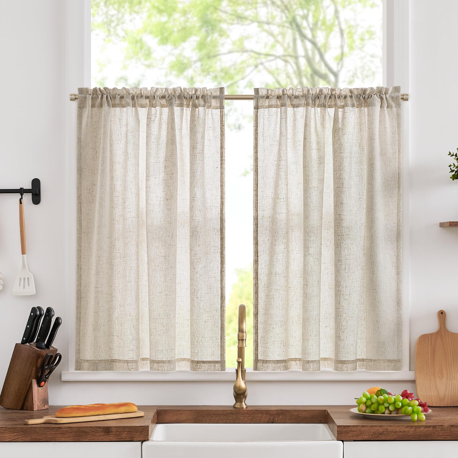 TOPICK Kitchen Curtains, Oatmeal Light Filtering Cafe Curtain W36 xL36
